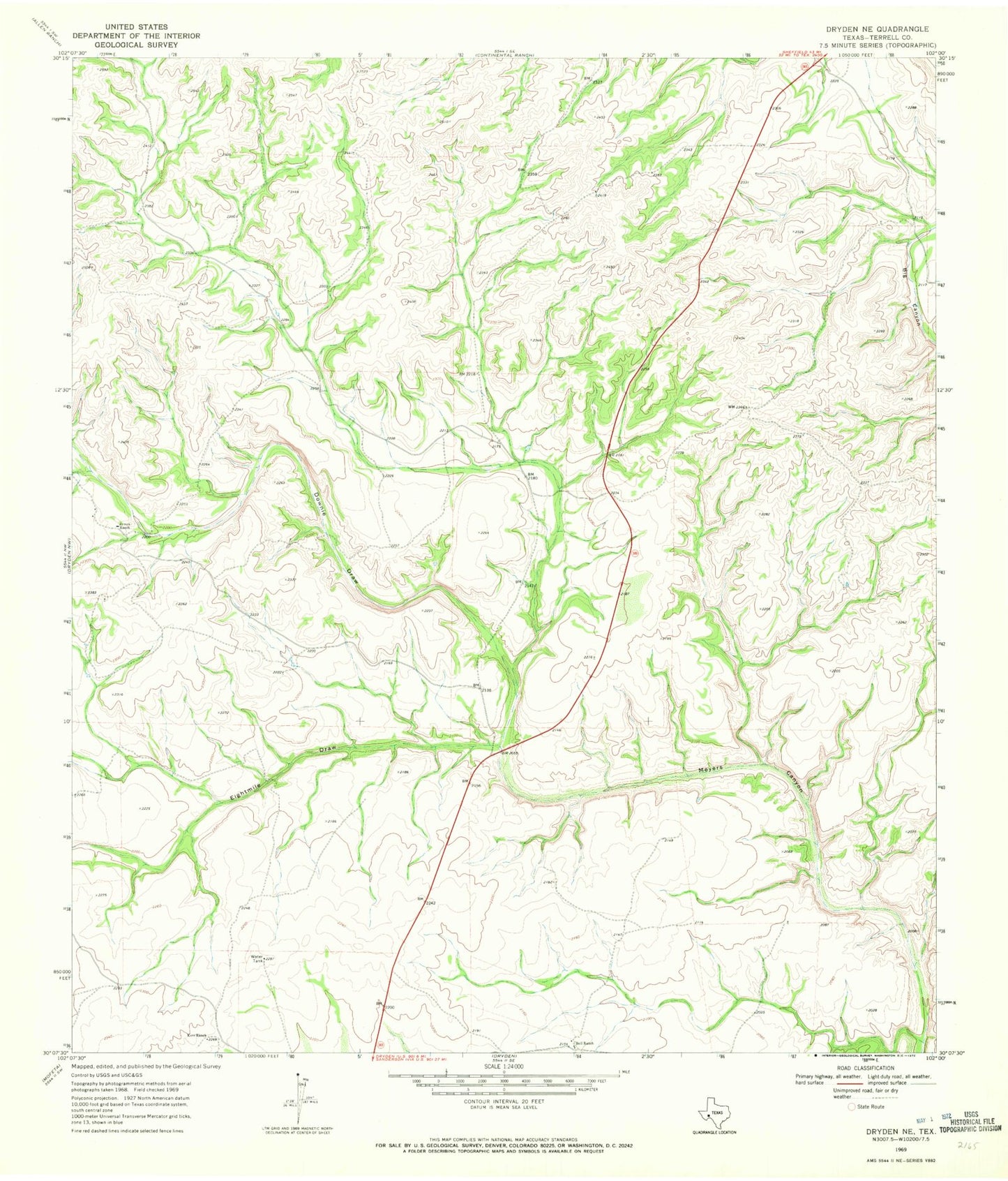 Classic USGS Dryden NE Texas 7.5'x7.5' Topo Map Image