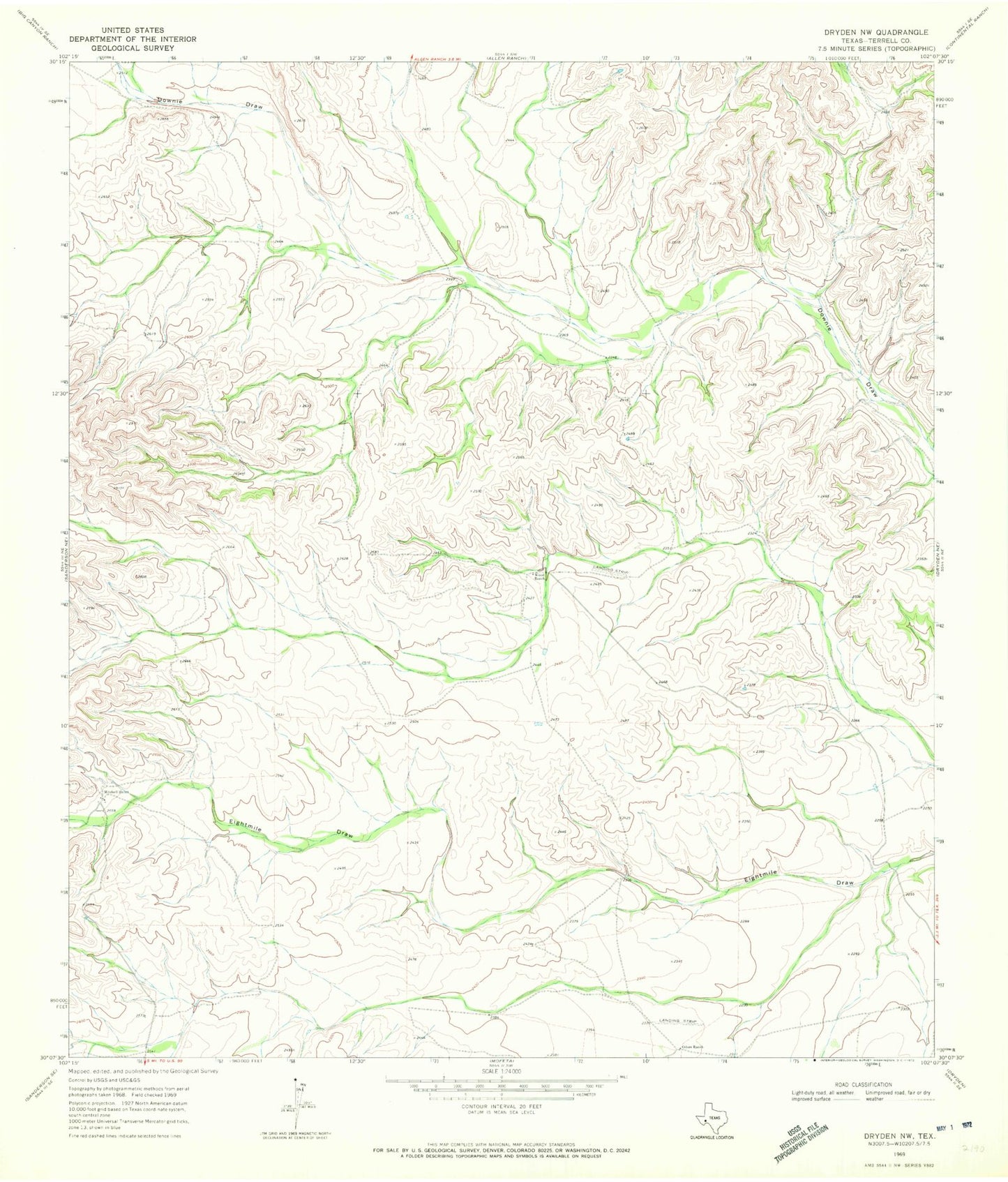 Classic USGS Dryden NW Texas 7.5'x7.5' Topo Map Image
