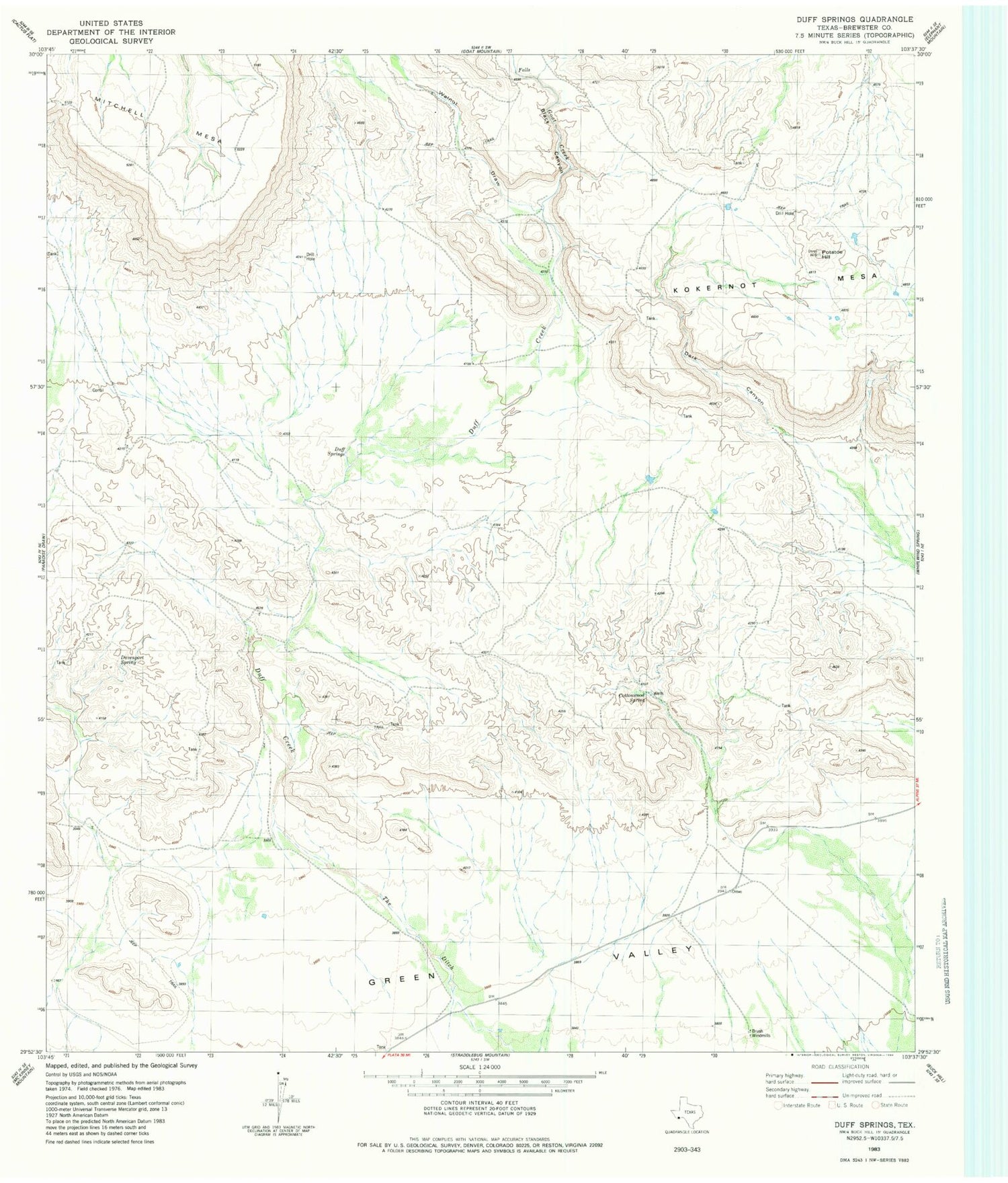 Classic USGS Duff Springs Texas 7.5'x7.5' Topo Map Image