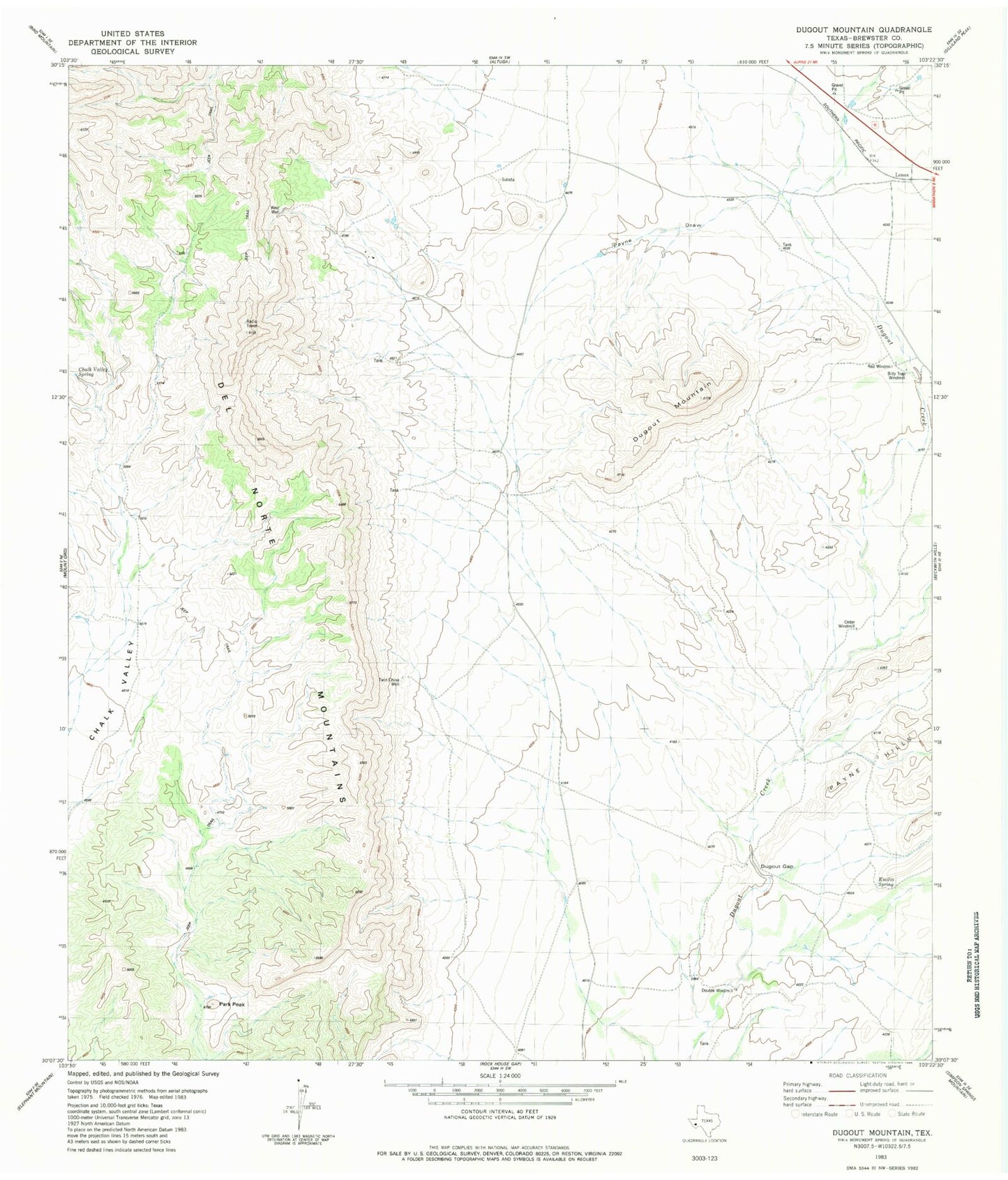 Classic USGS Dugout Mountain Texas 7.5'x7.5' Topo Map Image