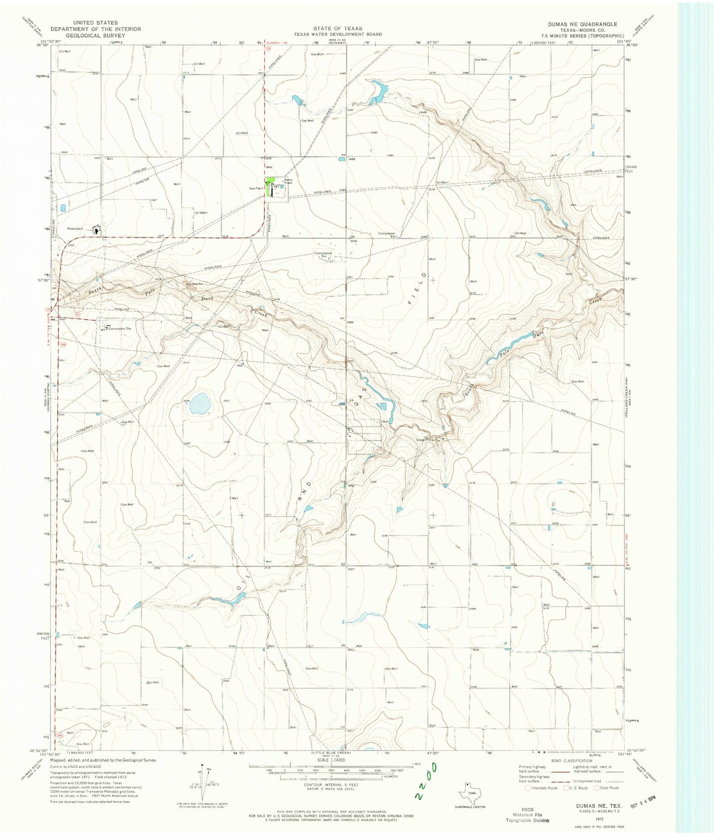 Classic USGS Dumas NE Texas 7.5'x7.5' Topo Map Image