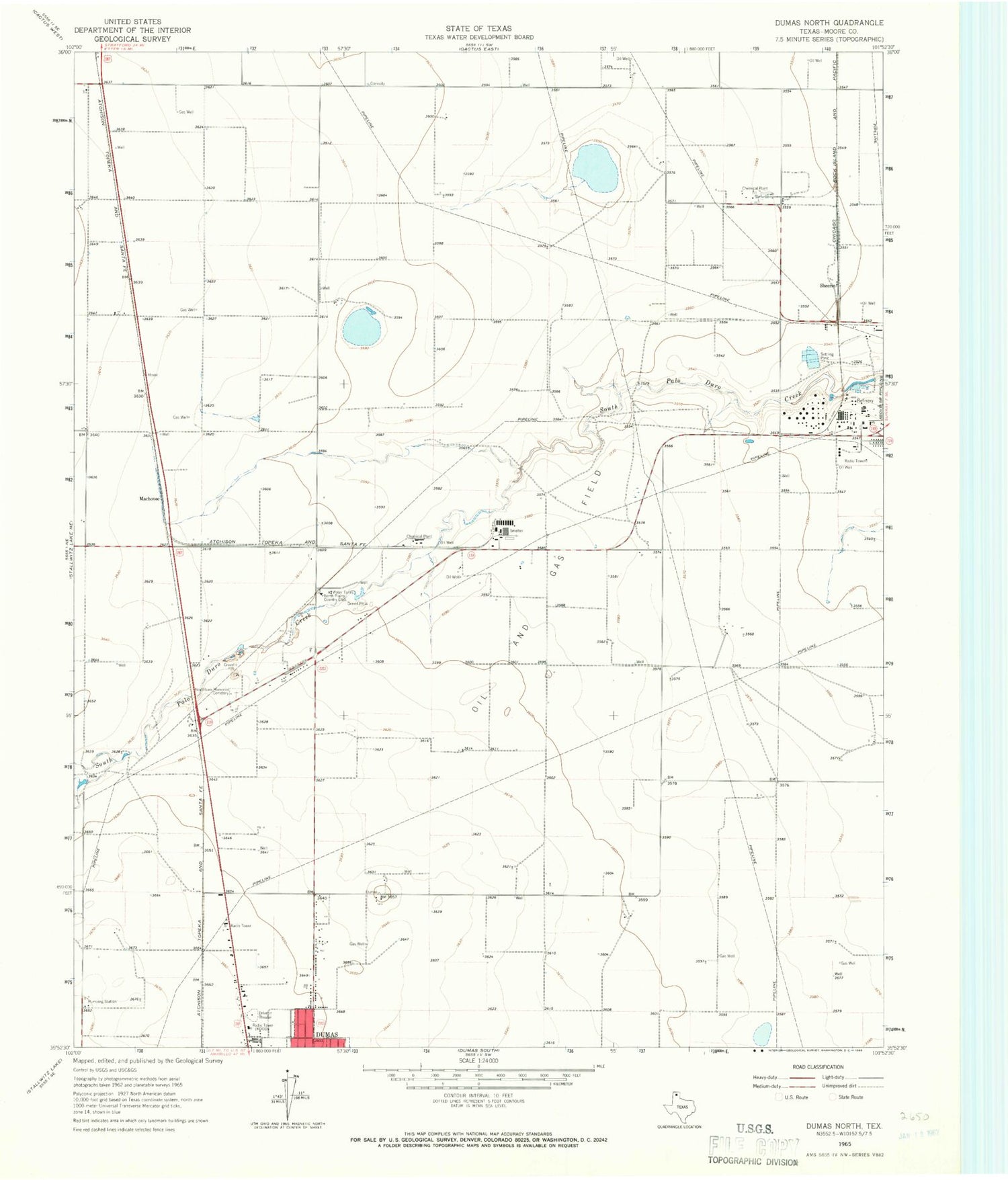 Classic USGS Dumas North Texas 7.5'x7.5' Topo Map Image