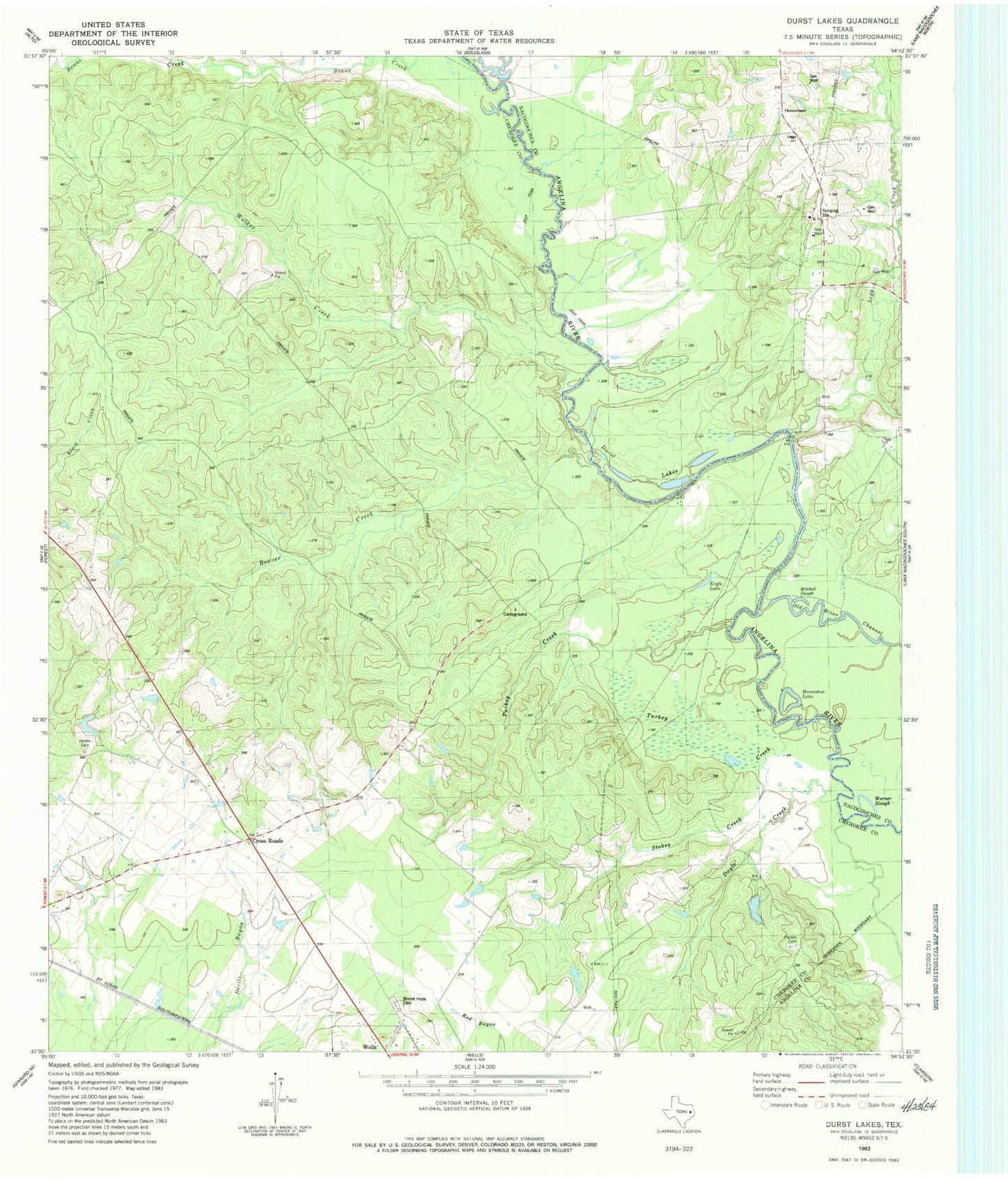 Classic USGS Durst Lakes Texas 7.5'x7.5' Topo Map Image
