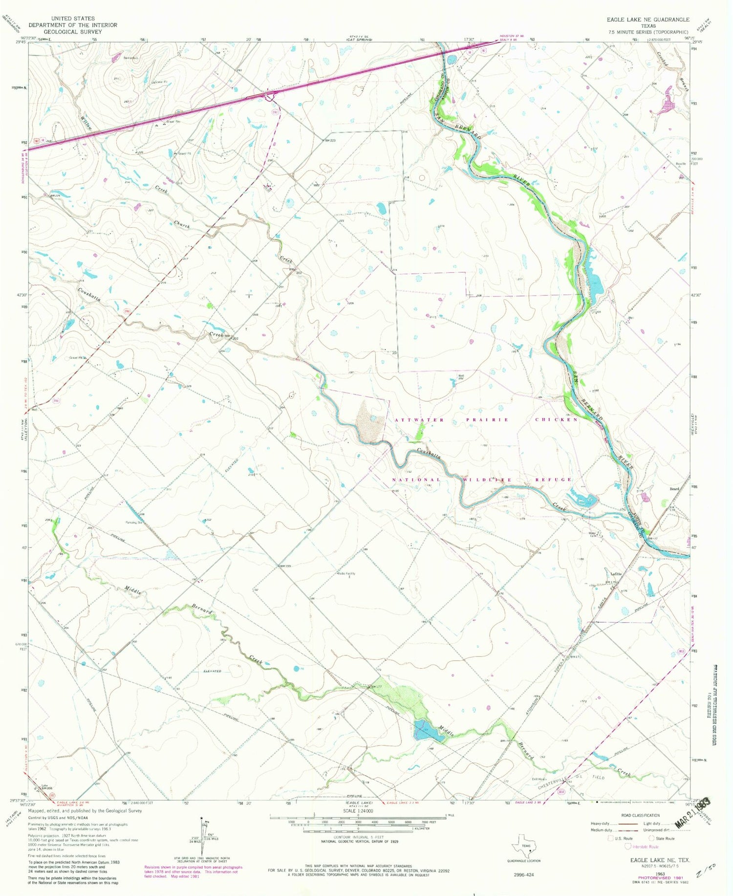 Classic USGS Eagle Lake NE Texas 7.5'x7.5' Topo Map Image