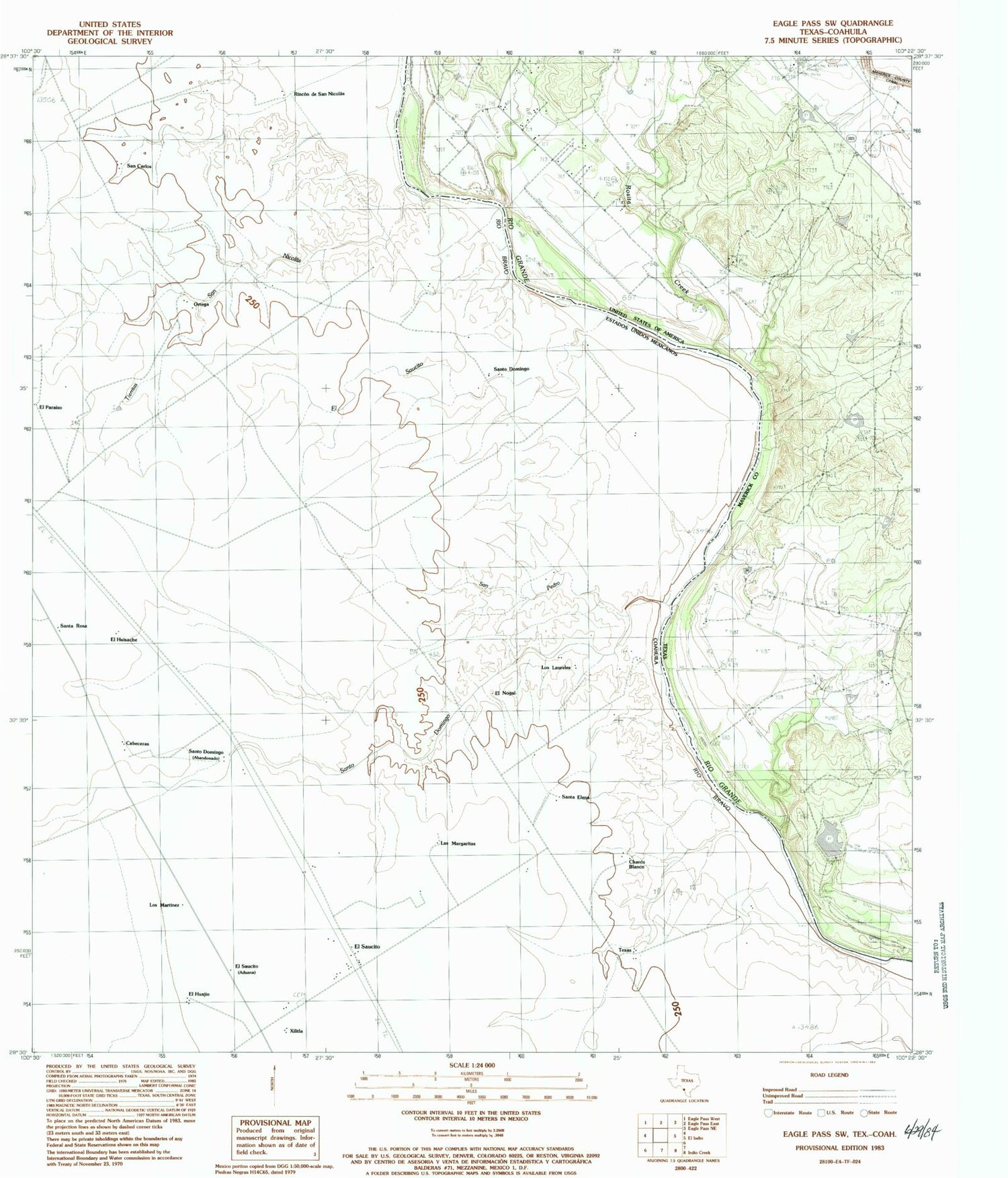 Classic USGS Eagle Pass SW Texas 7.5'x7.5' Topo Map Image