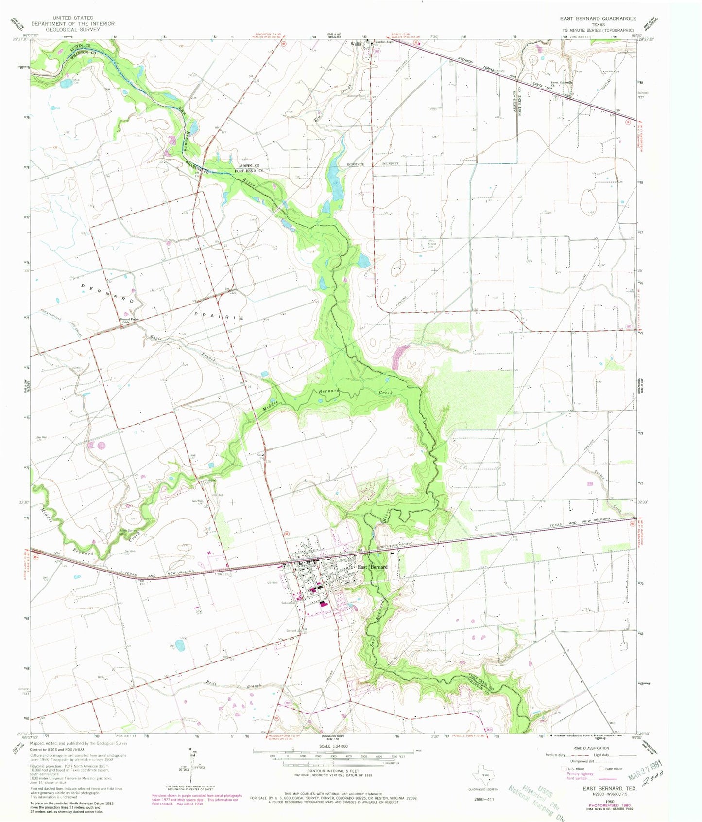 Classic USGS East Bernard Texas 7.5'x7.5' Topo Map Image
