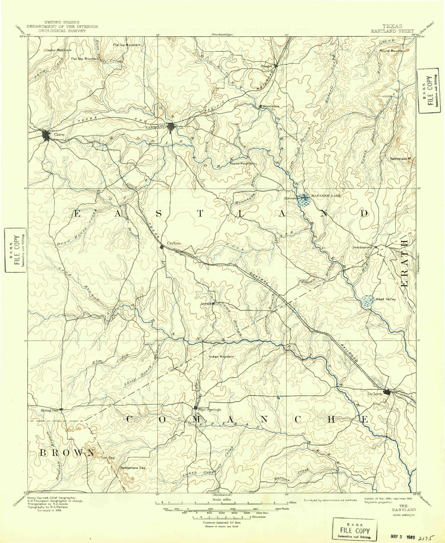 Historic 1894 Eastland Texas 30'x30' Topo Map Image