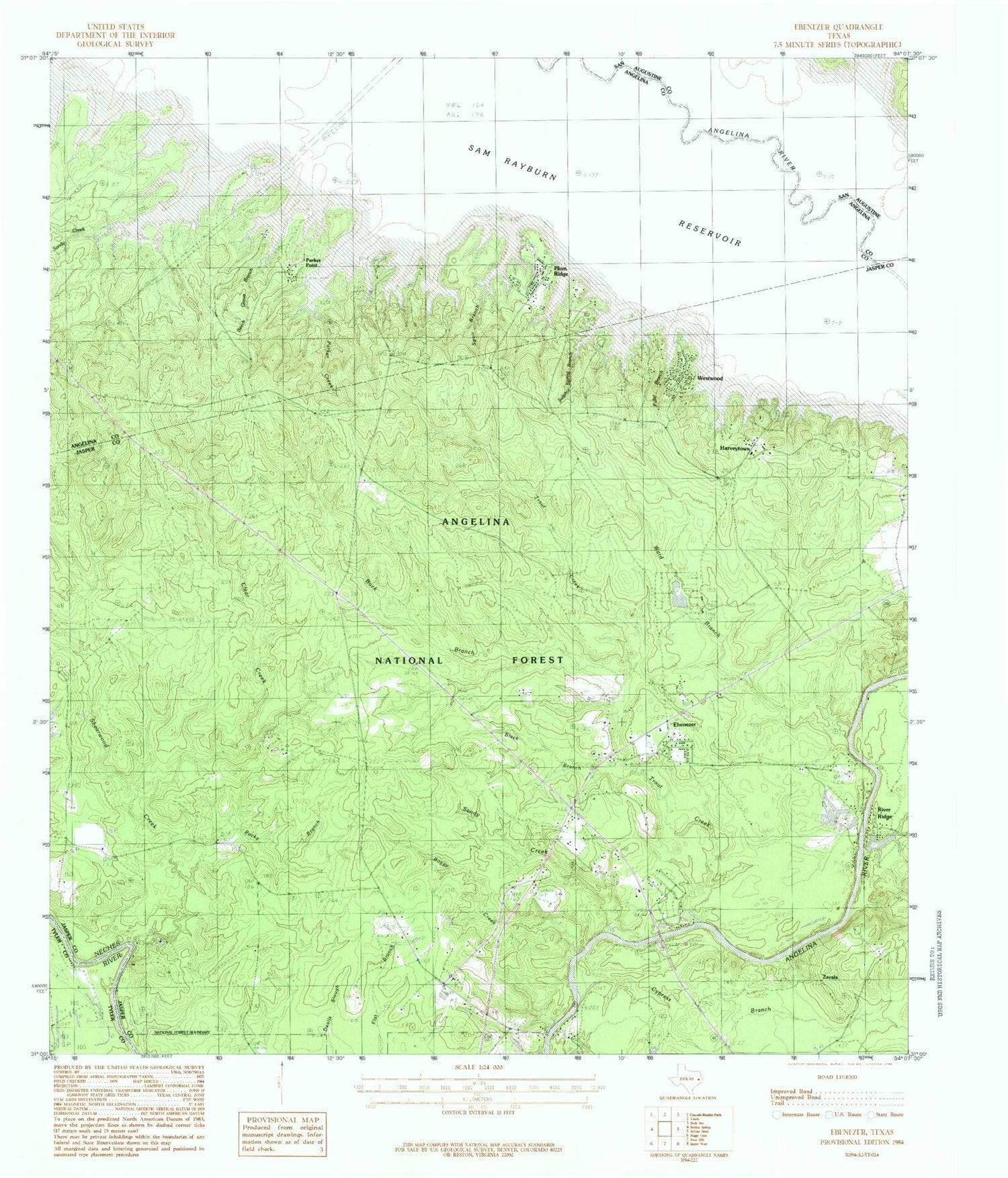 Classic USGS Ebenezer Texas 7.5'x7.5' Topo Map Image