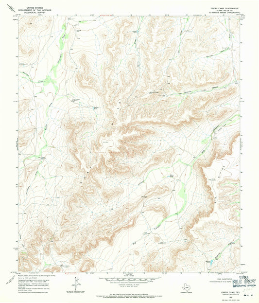 Classic USGS Ebers Camp Texas 7.5'x7.5' Topo Map Image