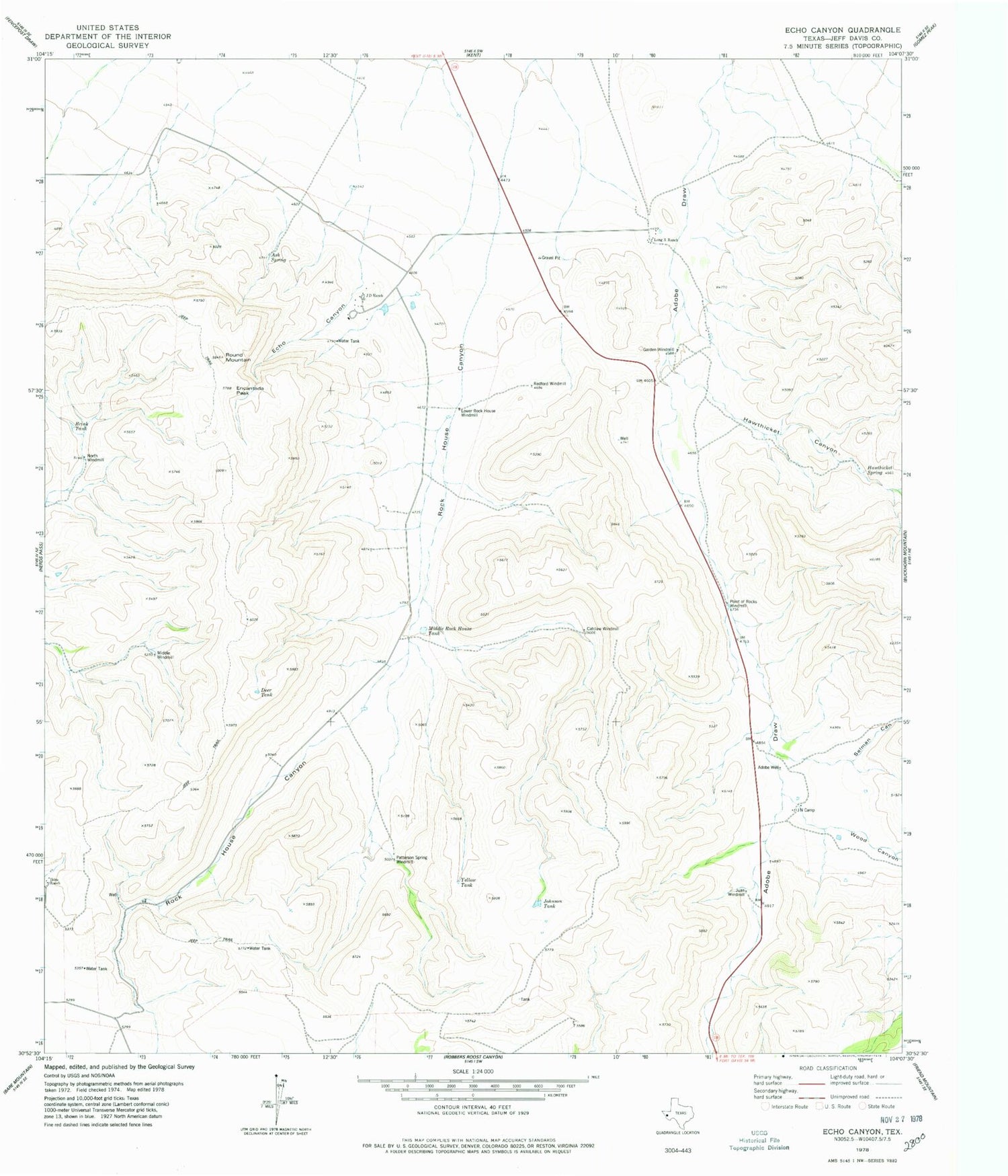 Classic USGS Echo Canyon Texas 7.5'x7.5' Topo Map Image