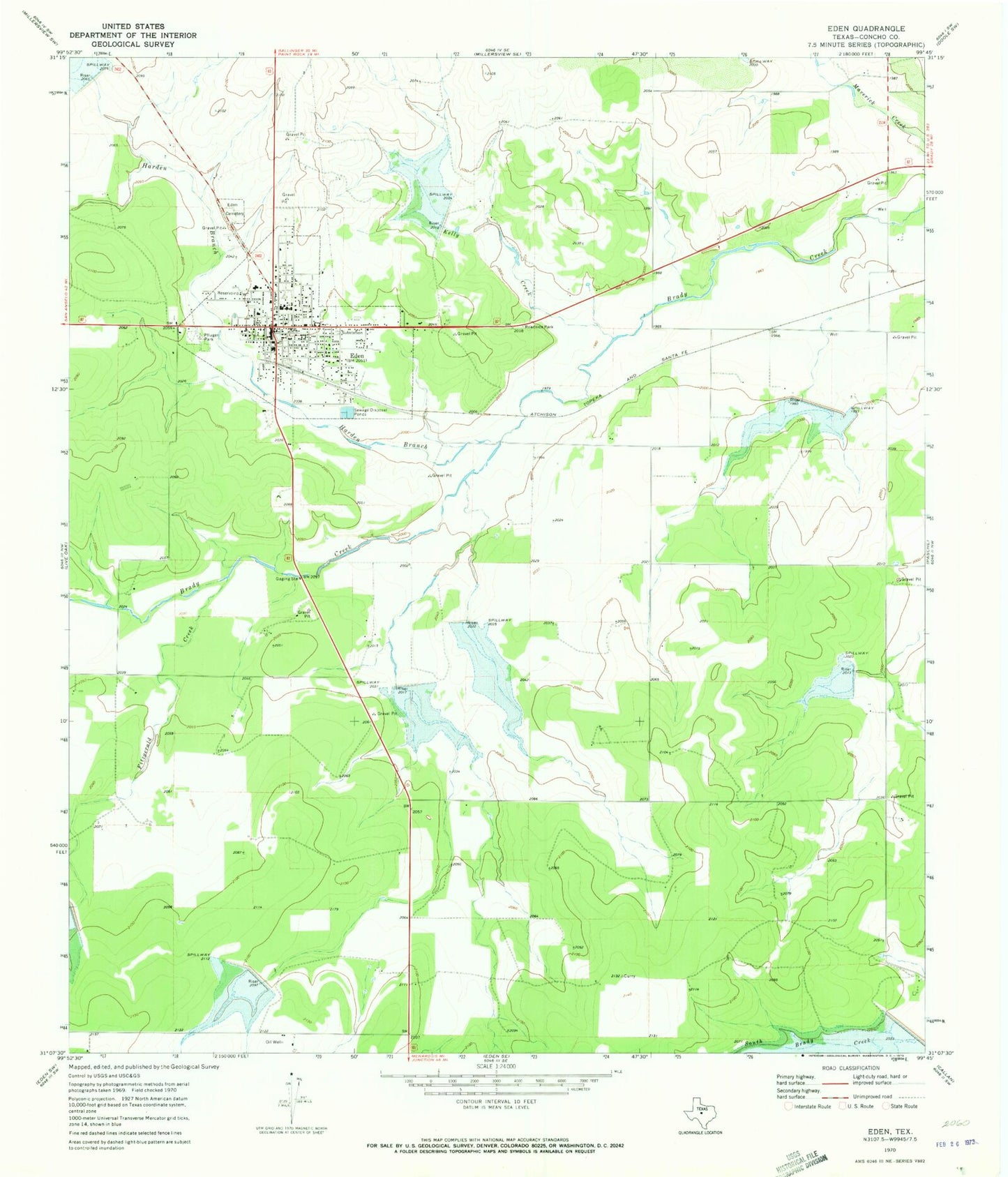 Classic USGS Eden Texas 7.5'x7.5' Topo Map Image
