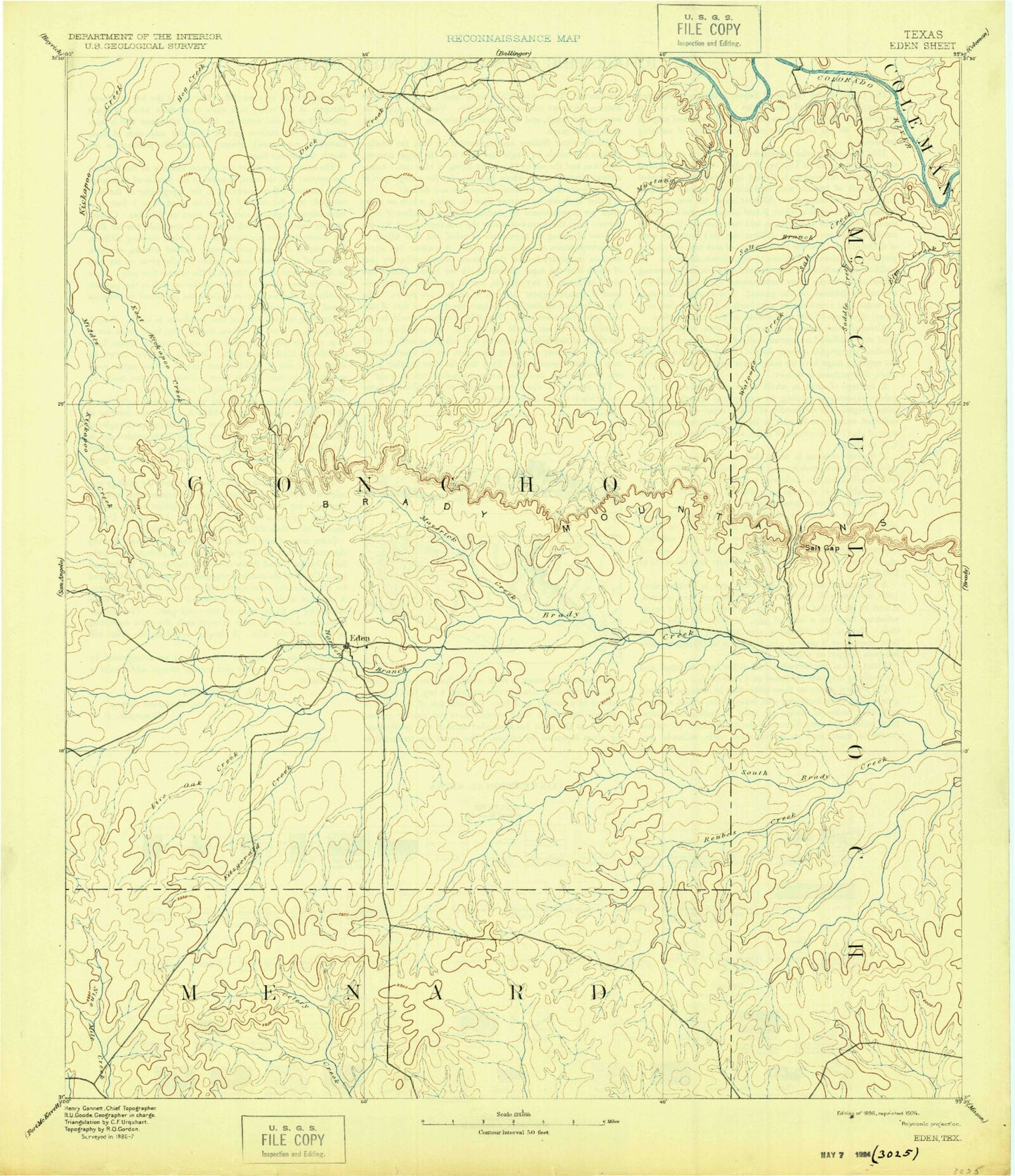 Historic 1896 Eden Texas 30'x30' Topo Map Image