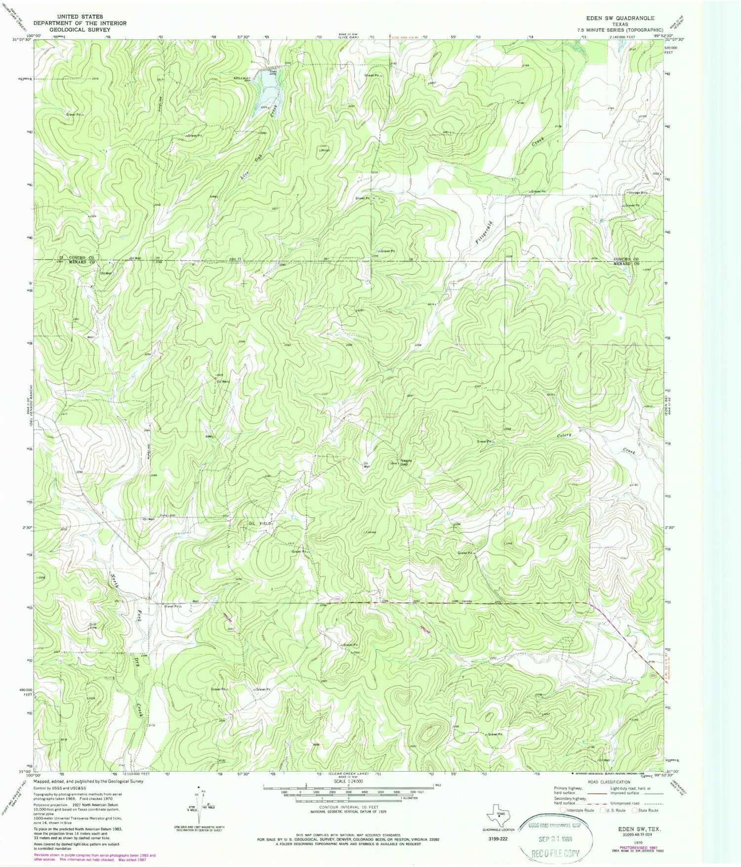 Classic USGS Eden SW Texas 7.5'x7.5' Topo Map Image