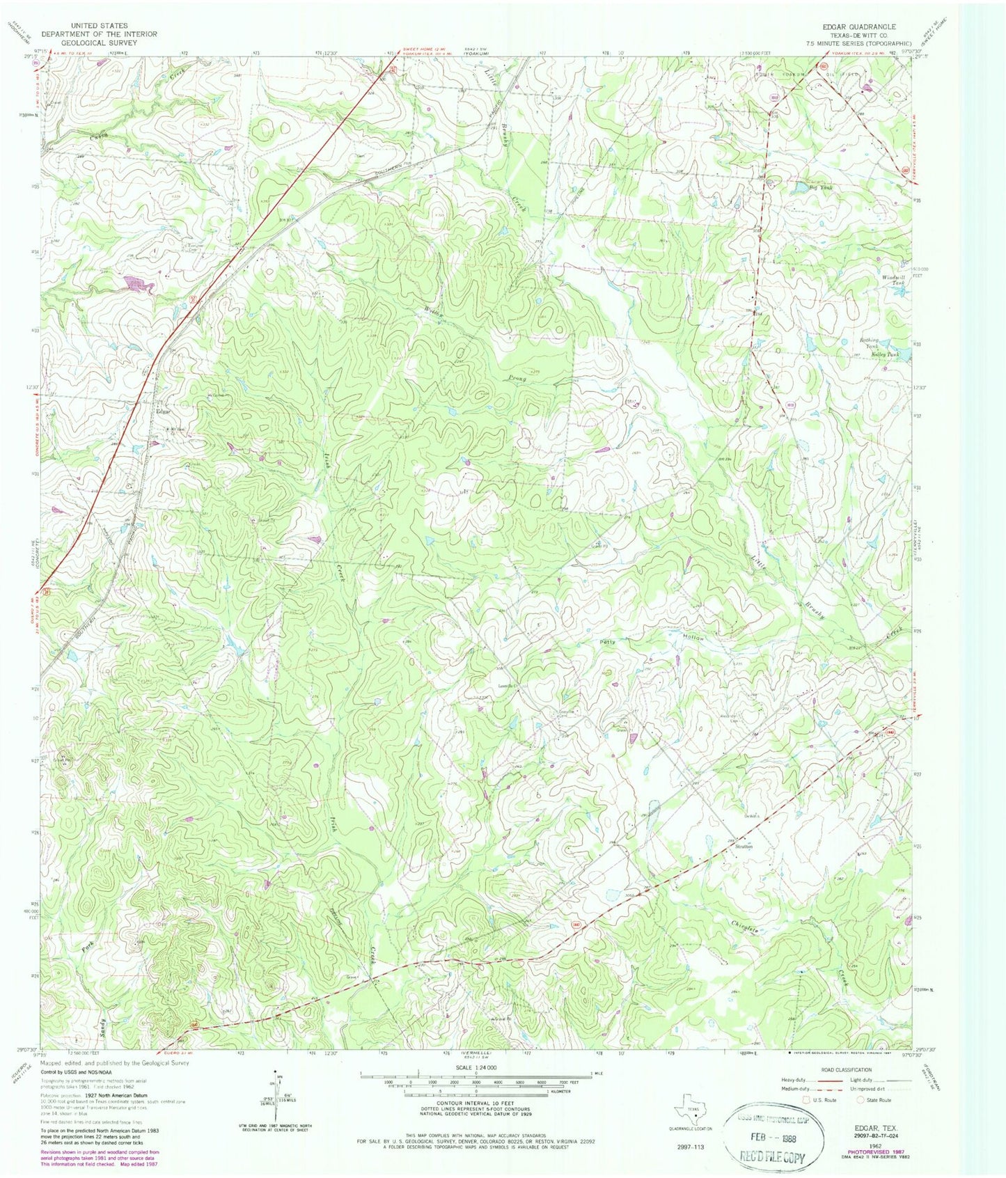 Classic USGS Edgar Texas 7.5'x7.5' Topo Map Image