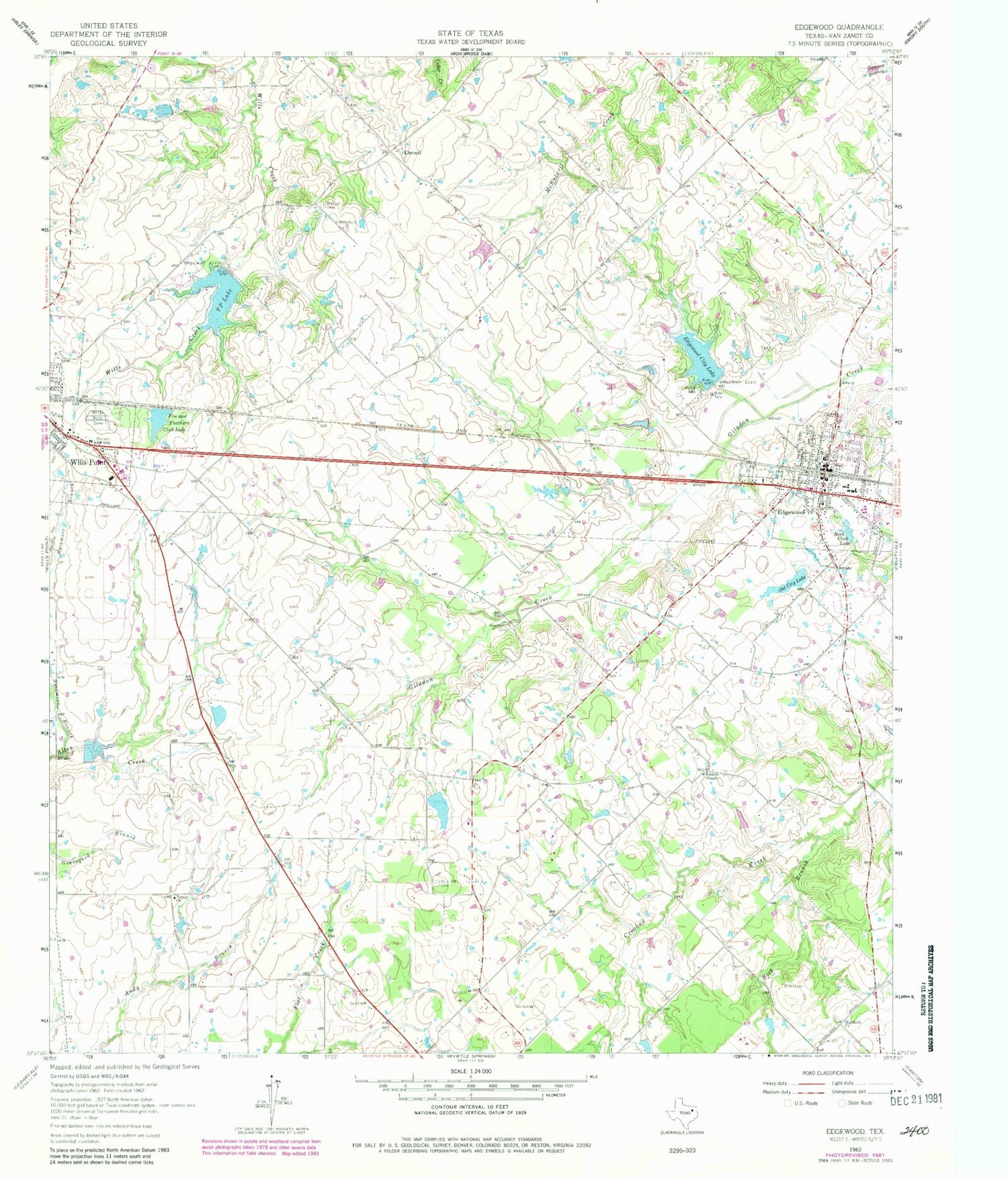 Classic USGS Edgewood Texas 7.5'x7.5' Topo Map Image