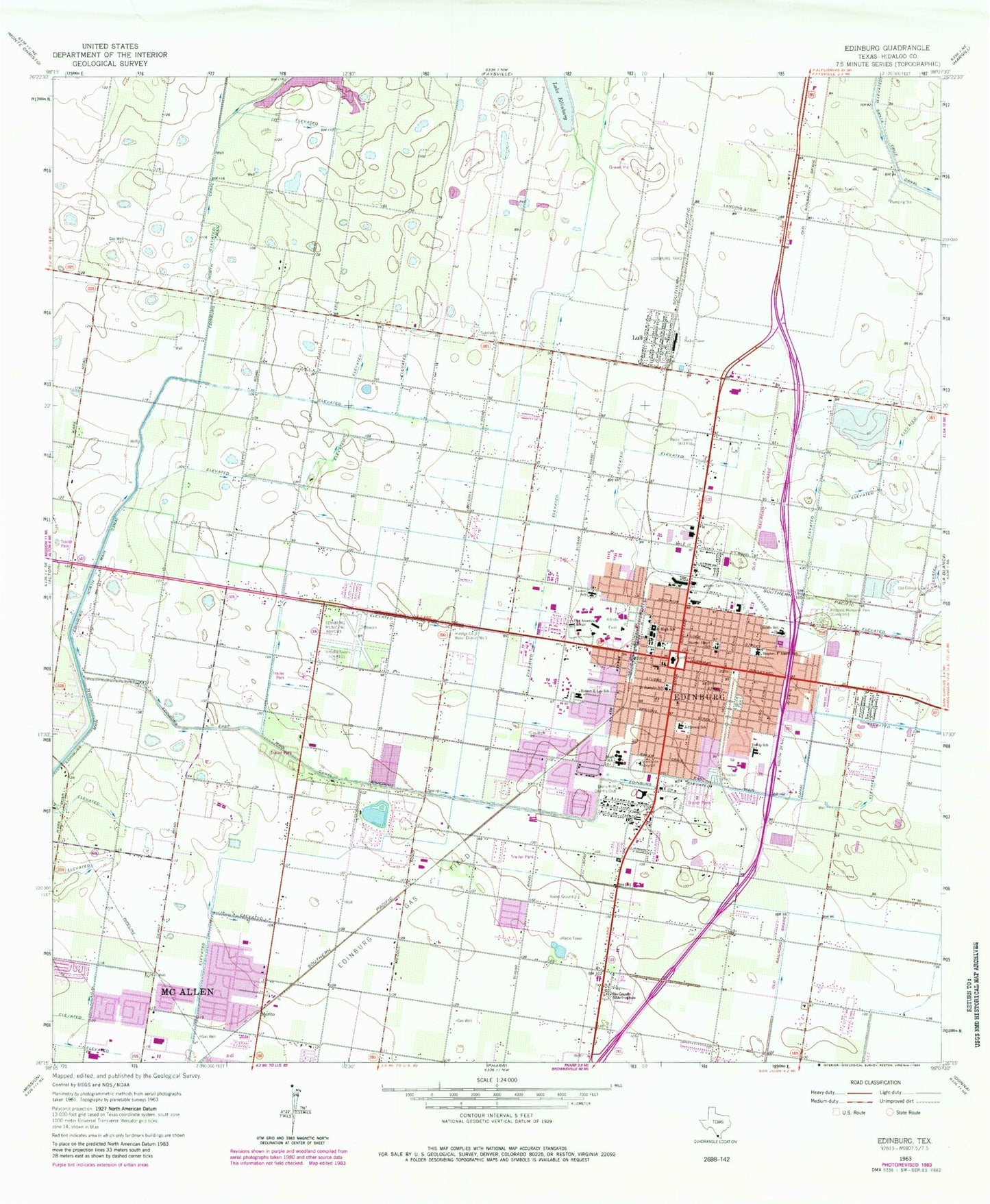Classic USGS Edinburg Texas 7.5'x7.5' Topo Map Image