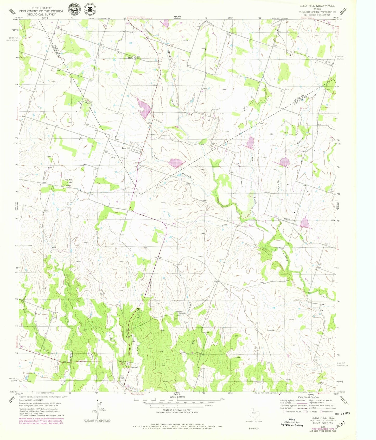 Classic USGS Edna Hill Texas 7.5'x7.5' Topo Map Image