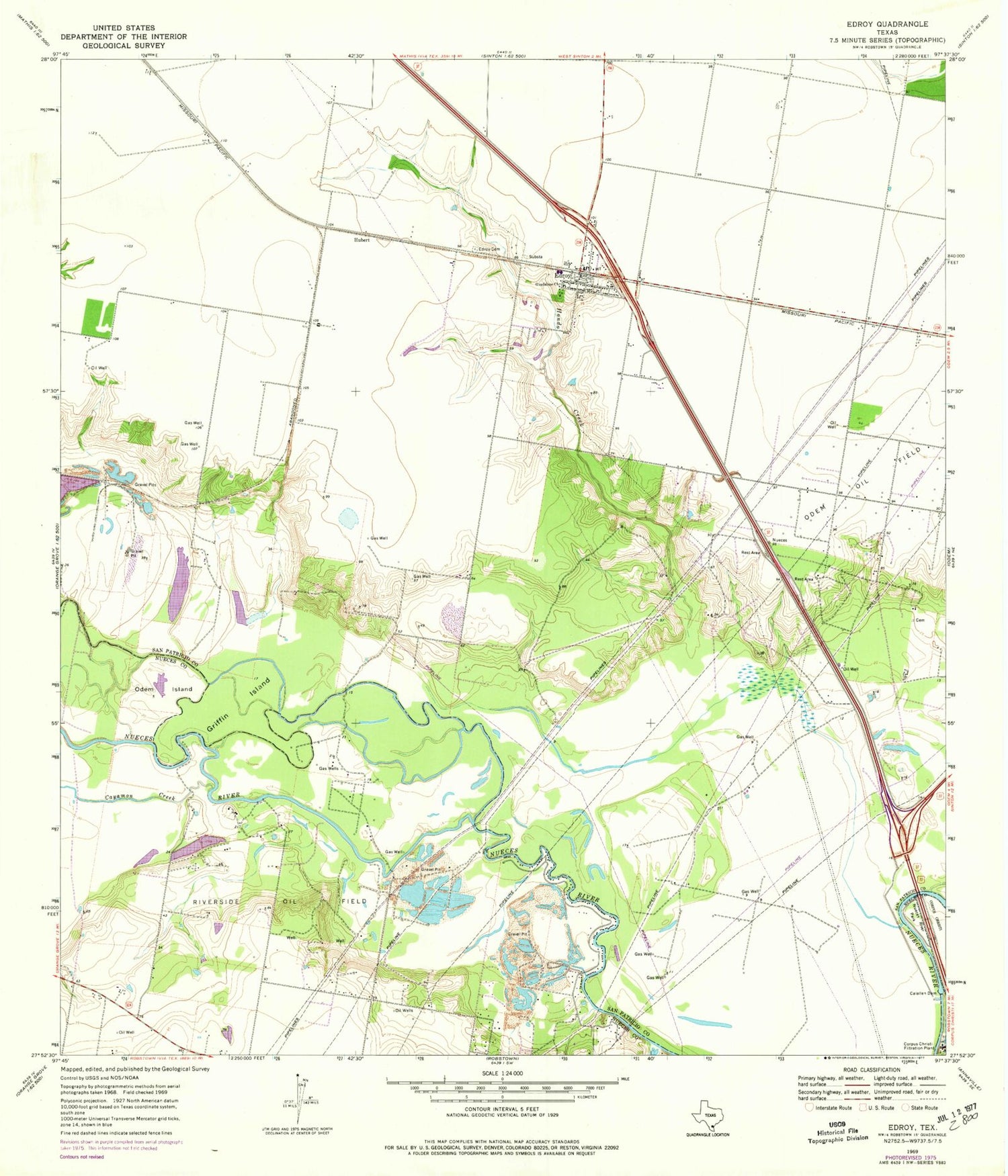 Classic USGS Edroy Texas 7.5'x7.5' Topo Map Image