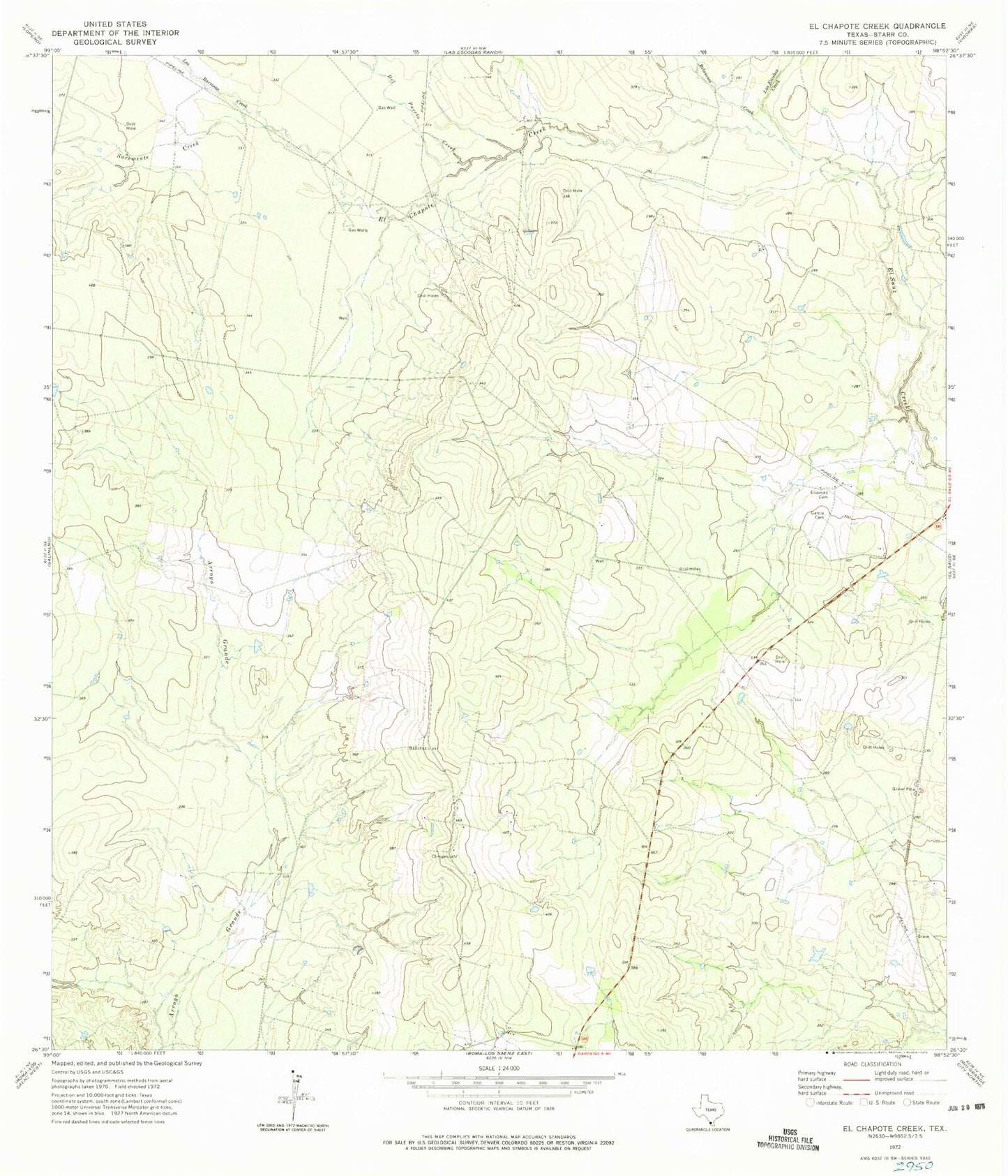 Classic USGS El Chapote Creek Texas 7.5'x7.5' Topo Map Image