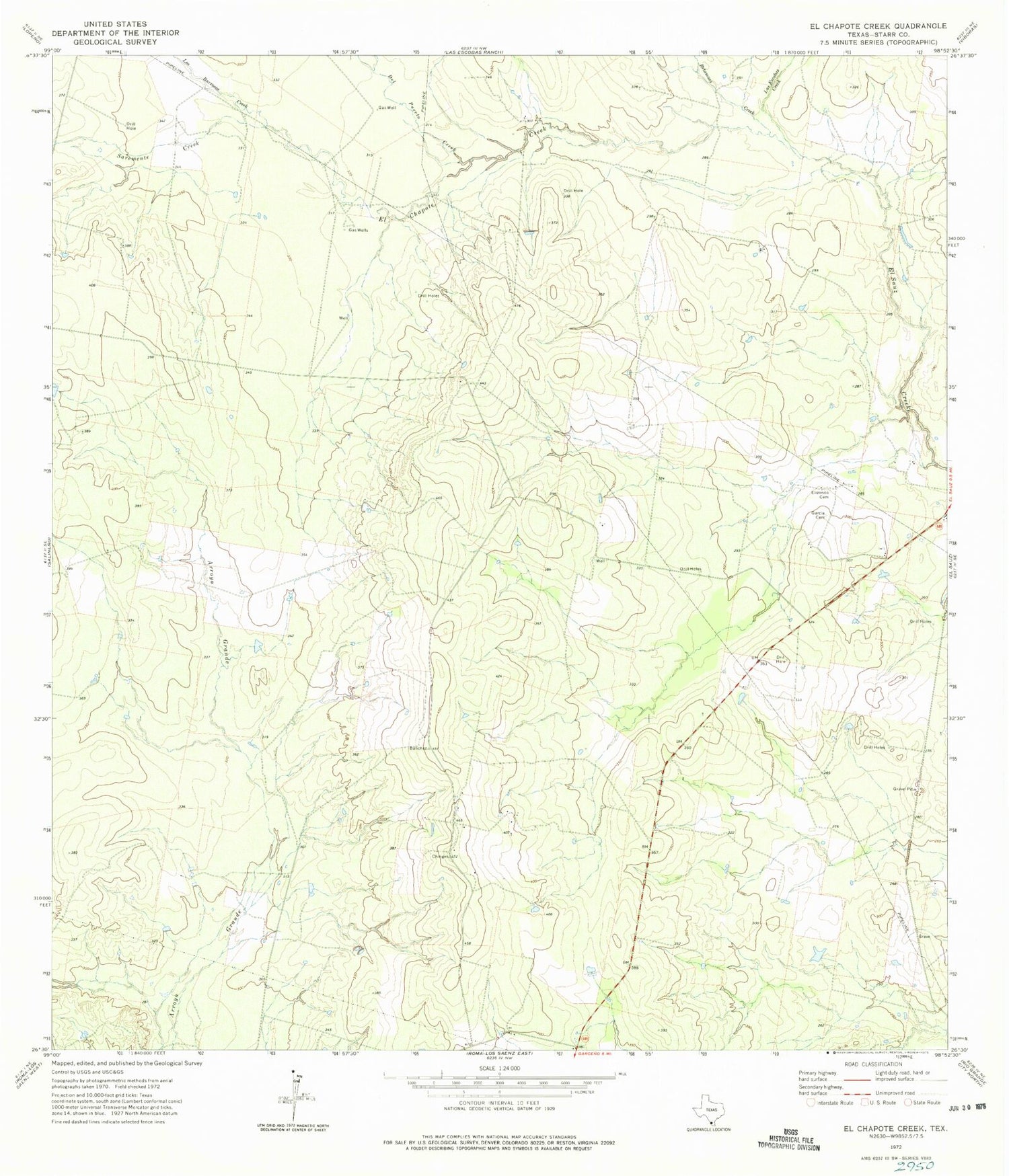 Classic USGS El Chapote Creek Texas 7.5'x7.5' Topo Map Image