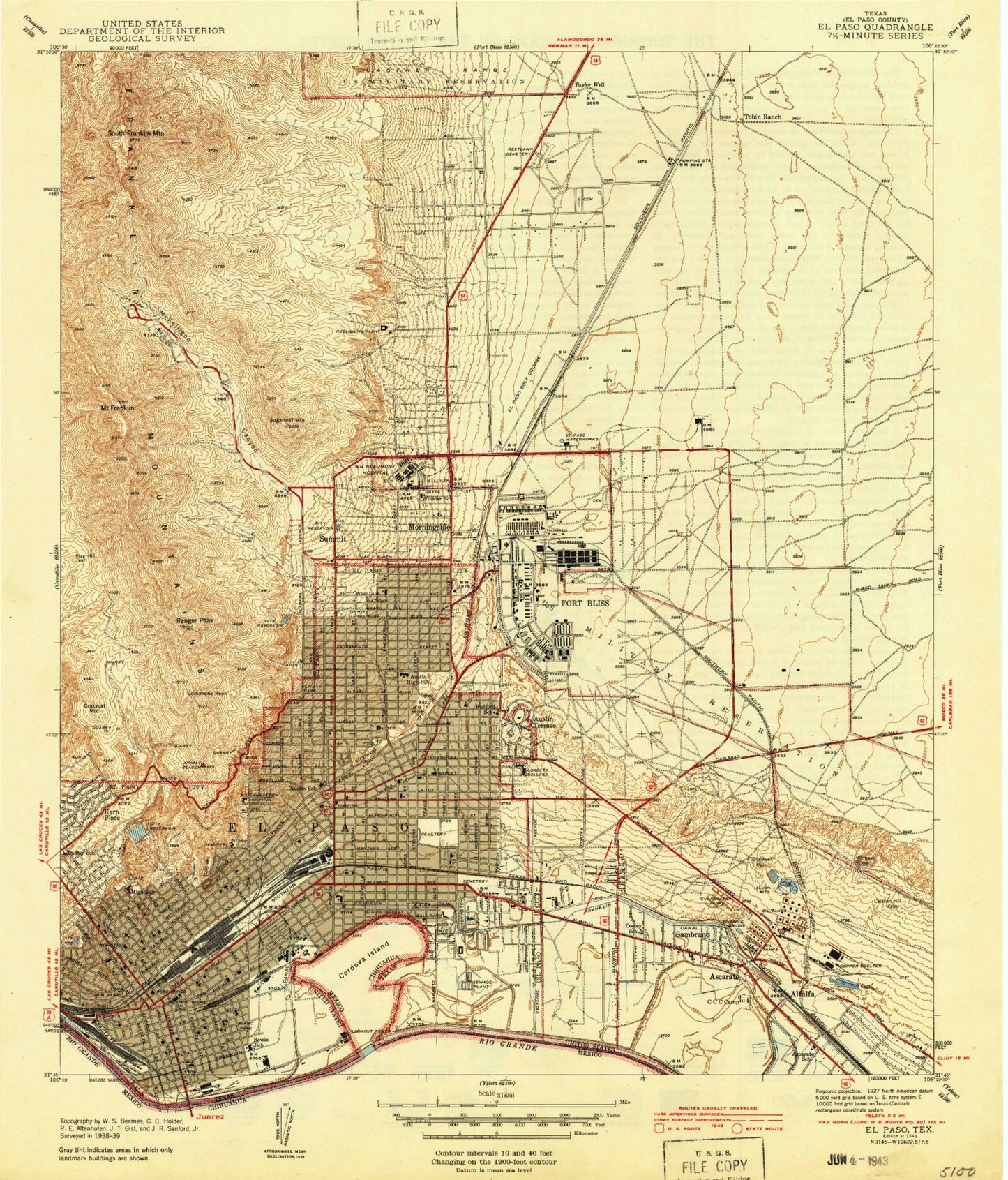 Classic USGS El Paso Texas 7.5'x7.5' Topo Map Image