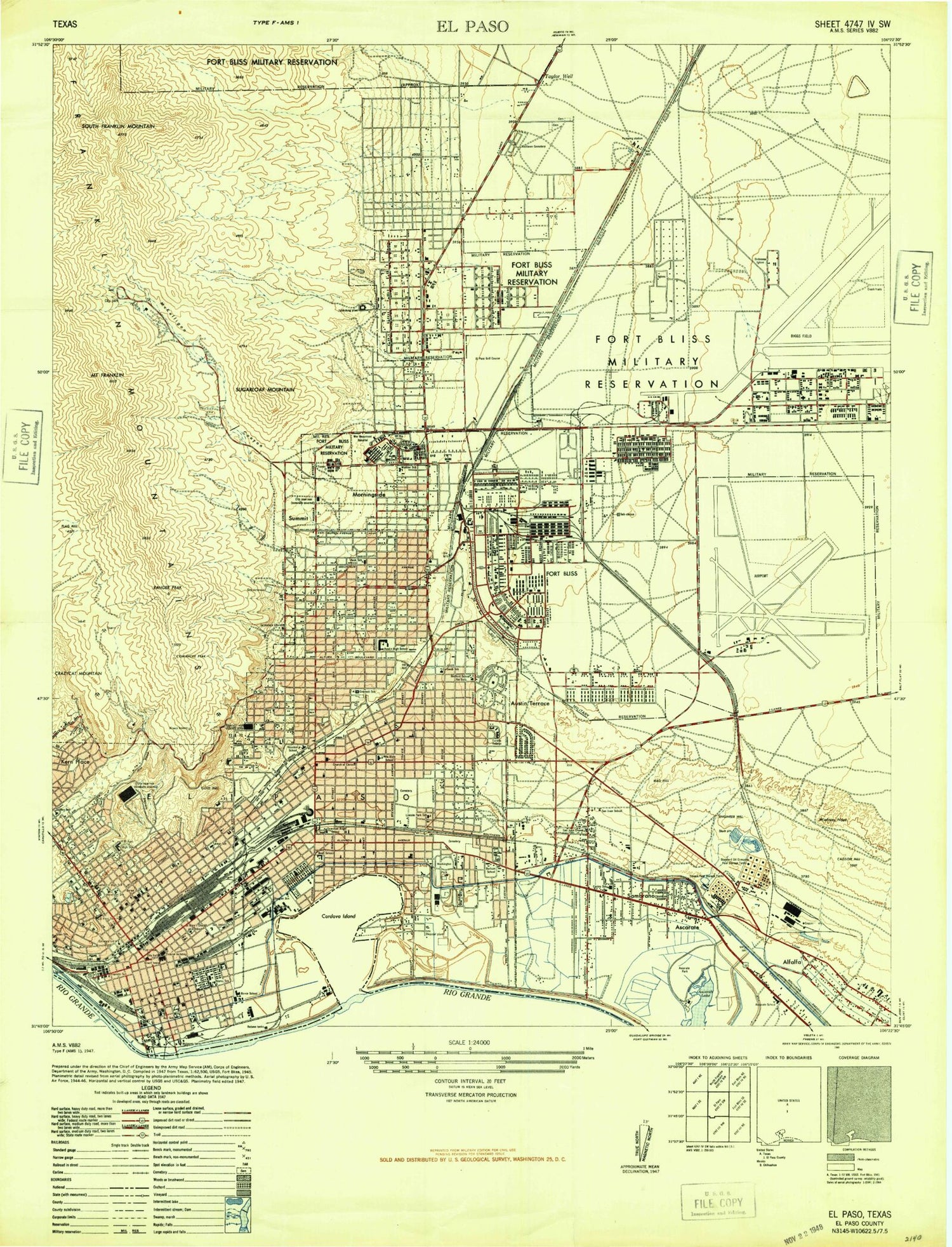 Classic USGS El Paso Texas 7.5'x7.5' Topo Map Image