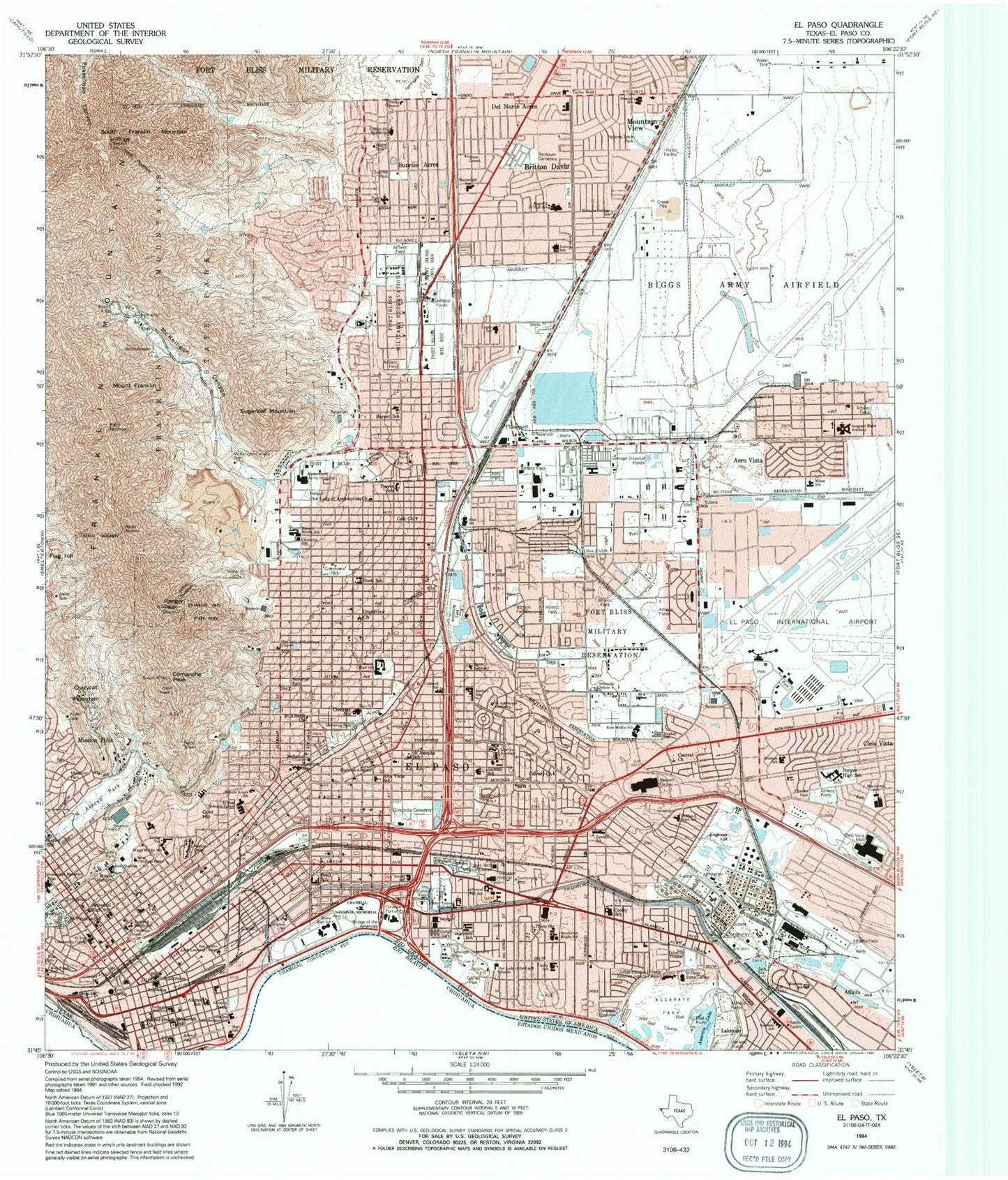 Classic USGS El Paso Texas 7.5'x7.5' Topo Map Image