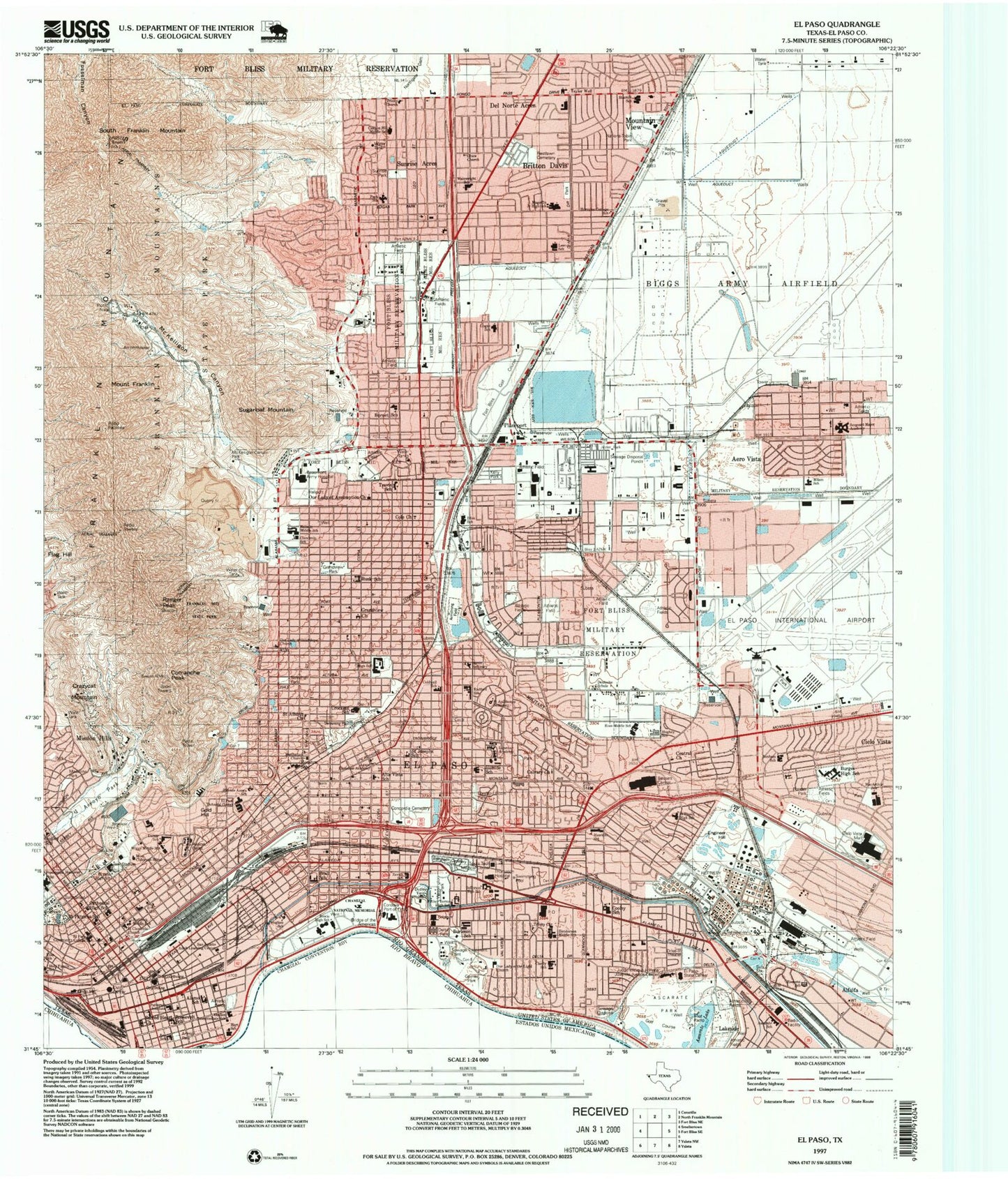 Classic USGS El Paso Texas 7.5'x7.5' Topo Map Image