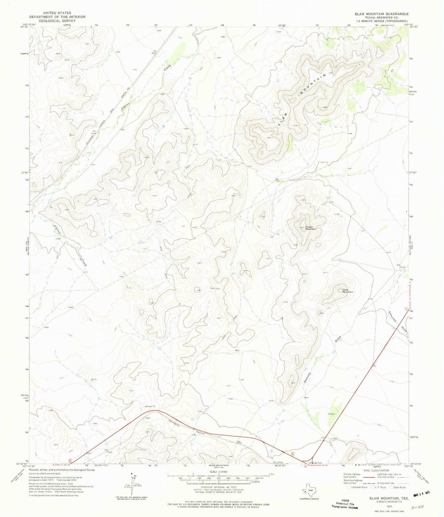 Classic USGS Elam Mountain Texas 7.5'x7.5' Topo Map Image