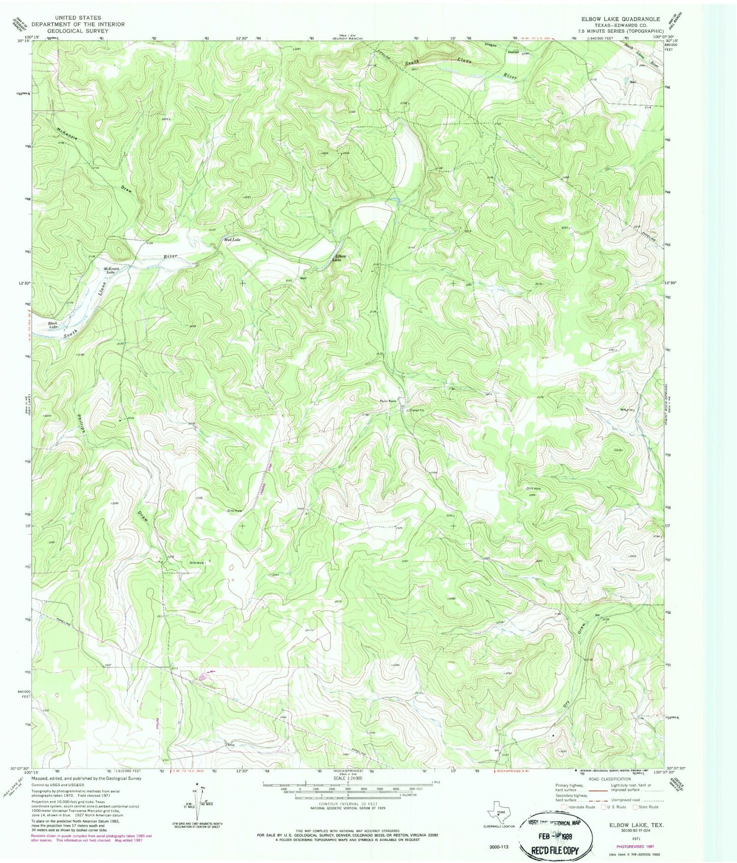 Classic USGS Elbow Lake Texas 7.5'x7.5' Topo Map Image