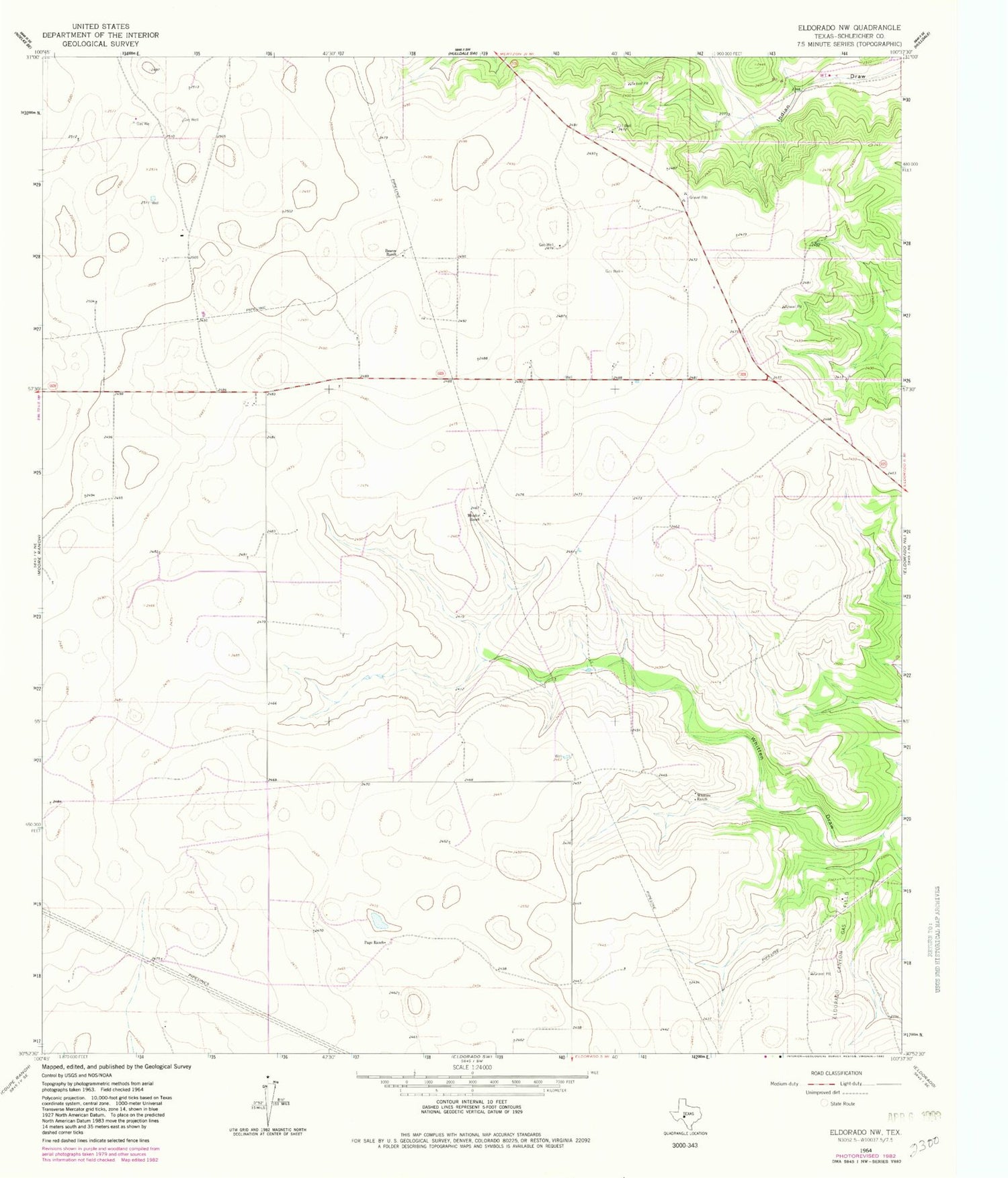 Classic USGS Eldorado NW Texas 7.5'x7.5' Topo Map Image