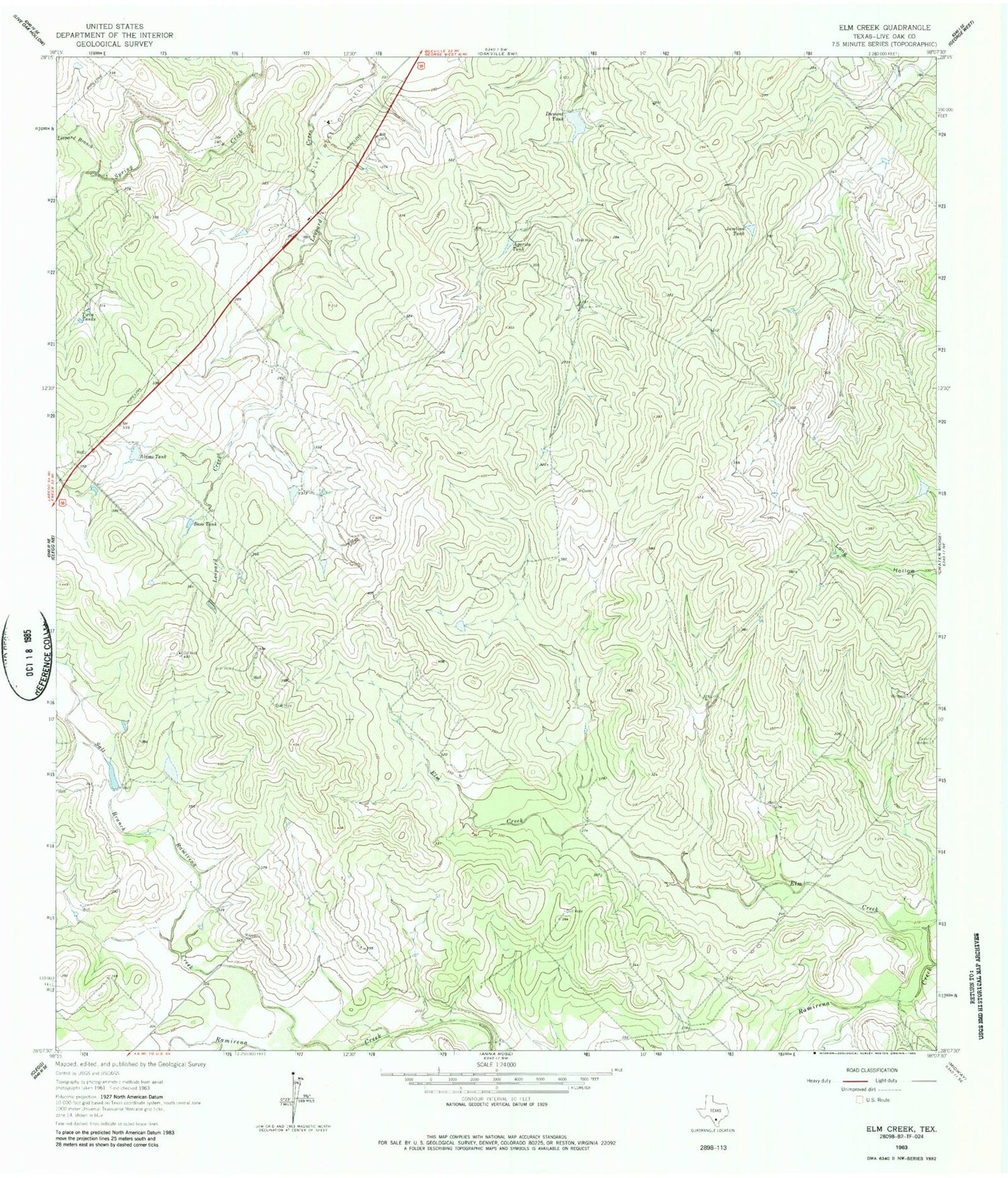 Classic USGS Elm Creek Texas 7.5'x7.5' Topo Map Image