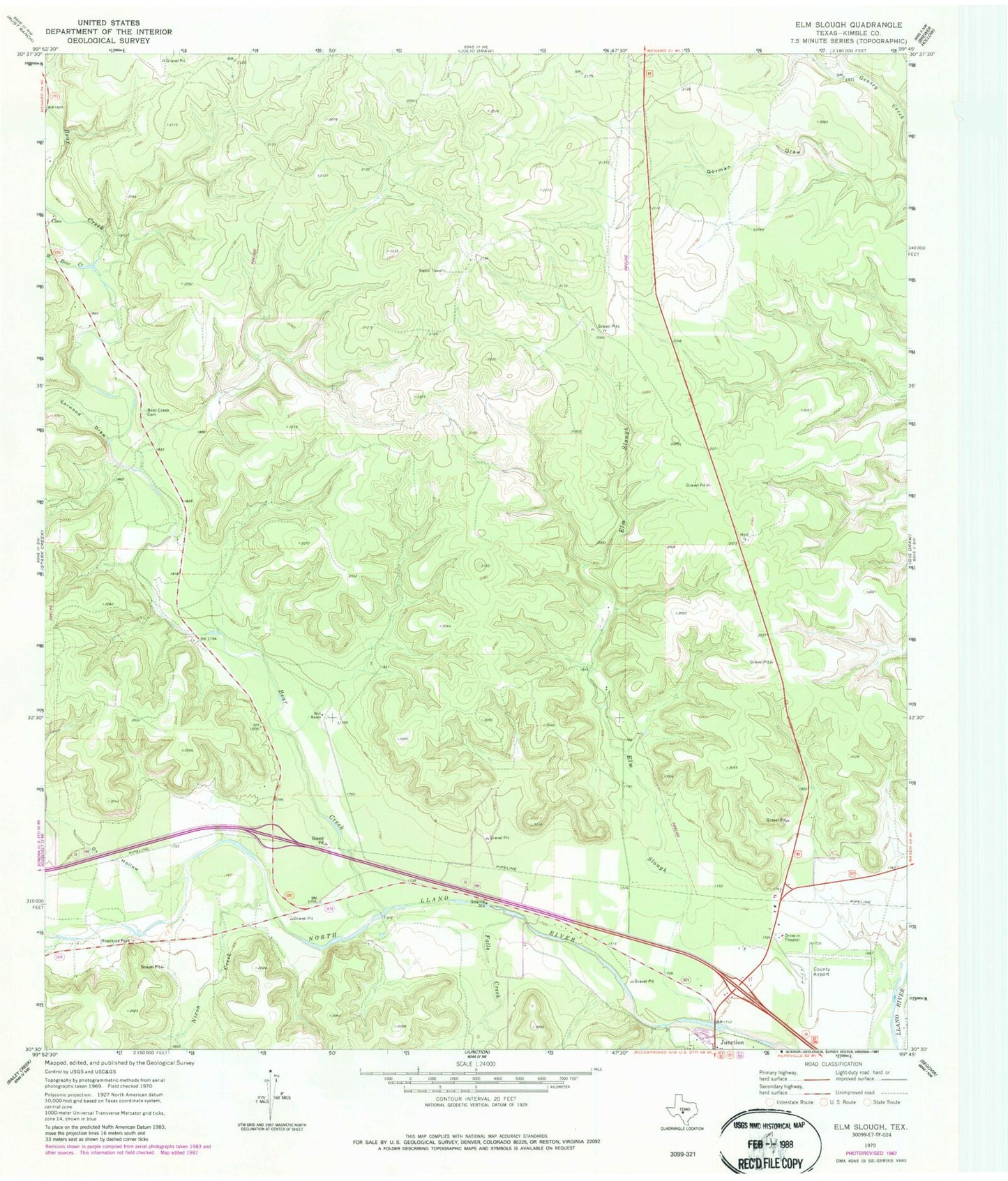 Classic USGS Elm Slough Texas 7.5'x7.5' Topo Map Image