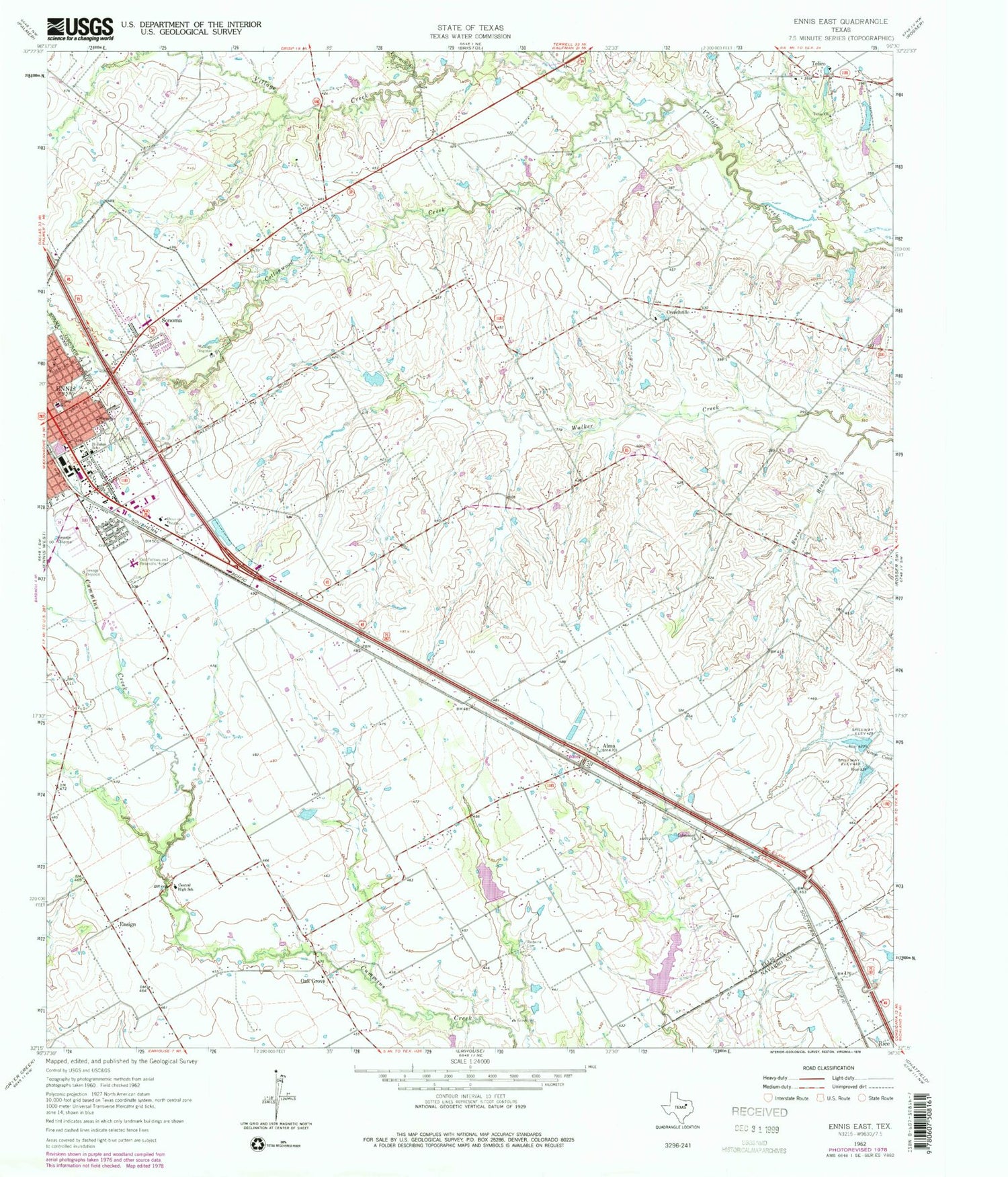 Classic USGS Ennis East Texas 7.5'x7.5' Topo Map Image