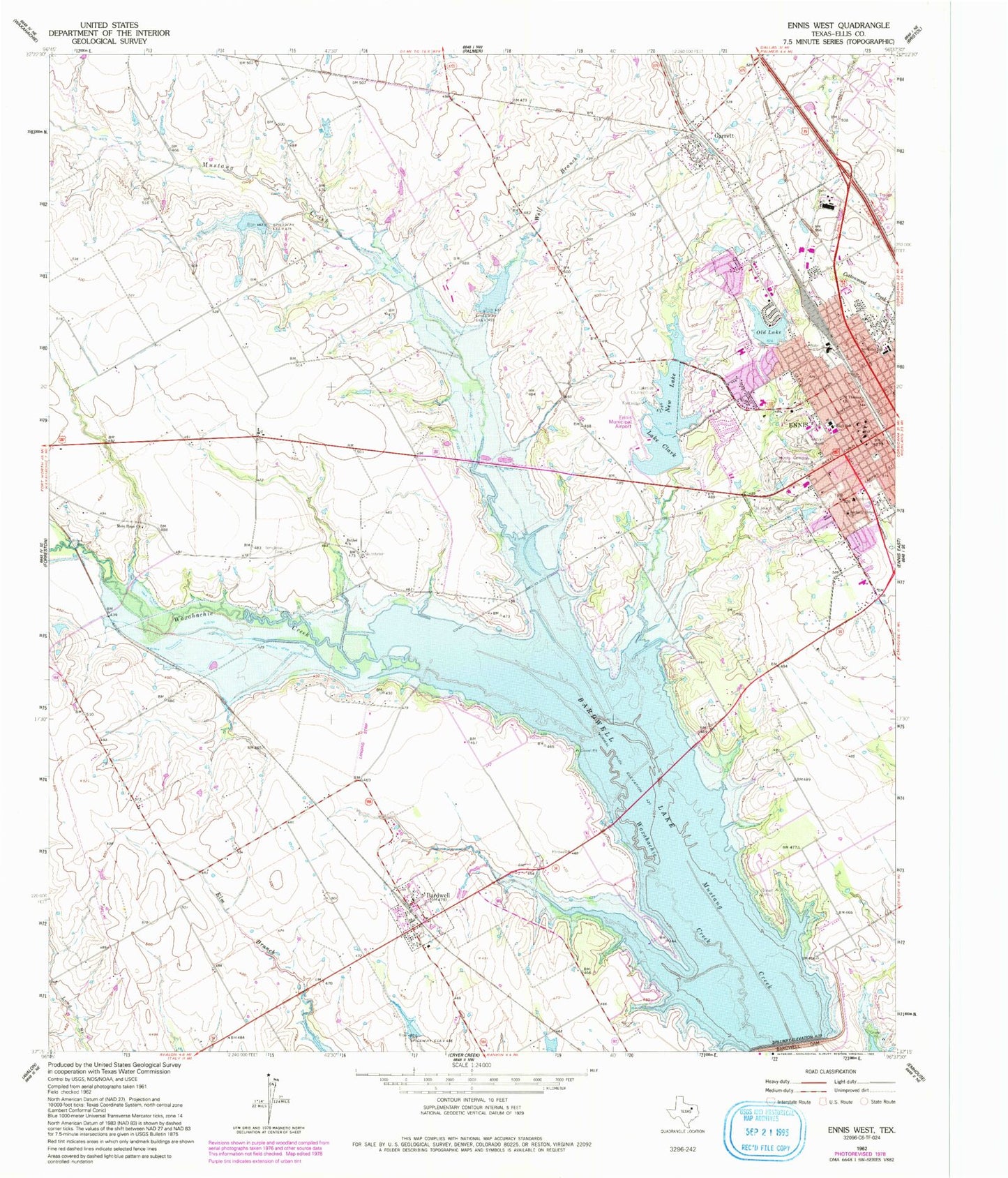 Classic USGS Ennis West Texas 7.5'x7.5' Topo Map Image
