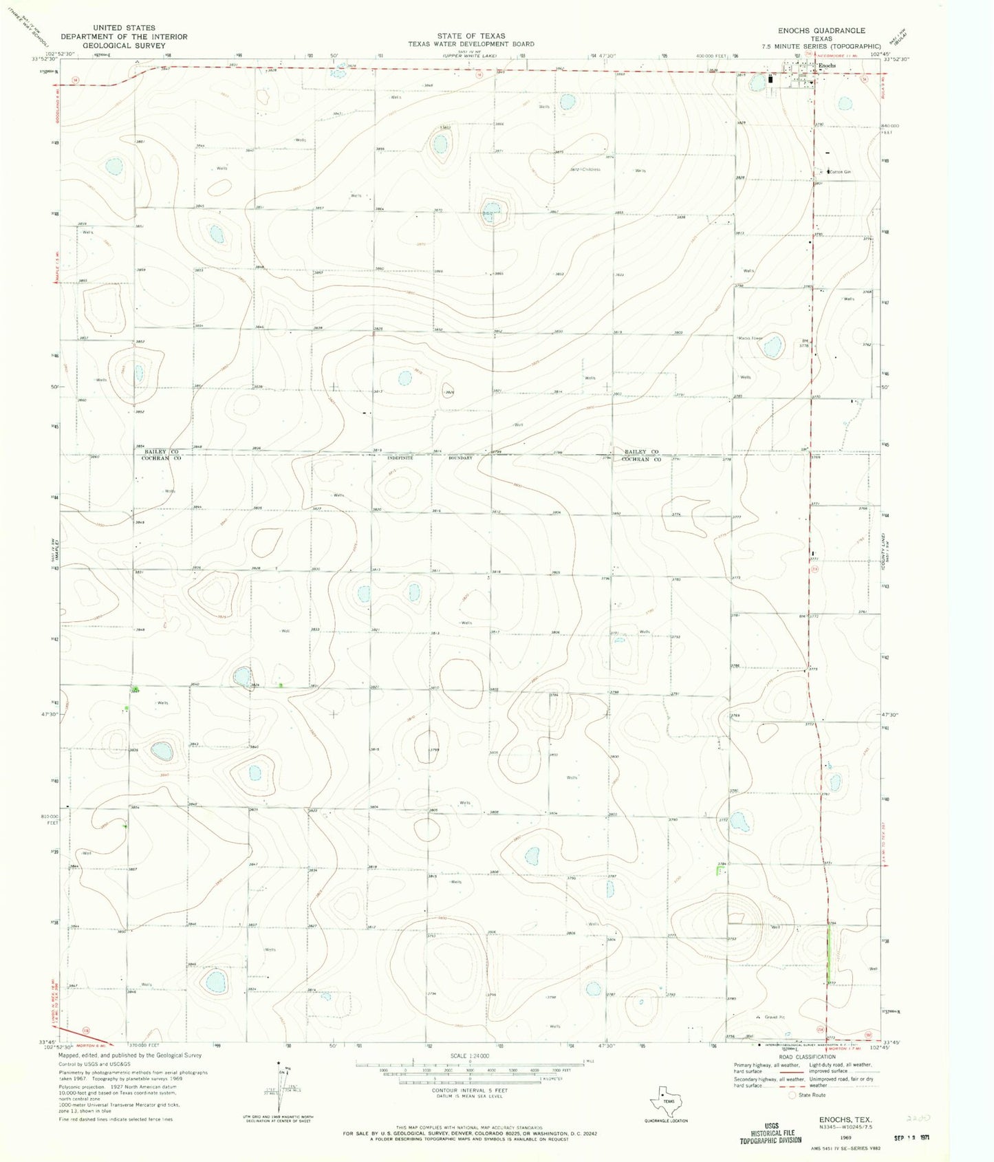 Classic USGS Enochs Texas 7.5'x7.5' Topo Map Image
