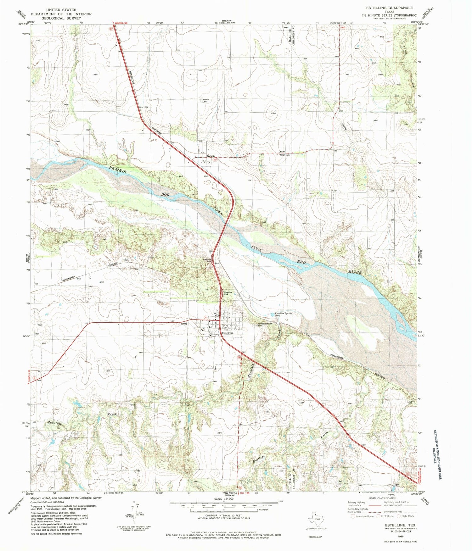 Classic USGS Estelline Texas 7.5'x7.5' Topo Map Image