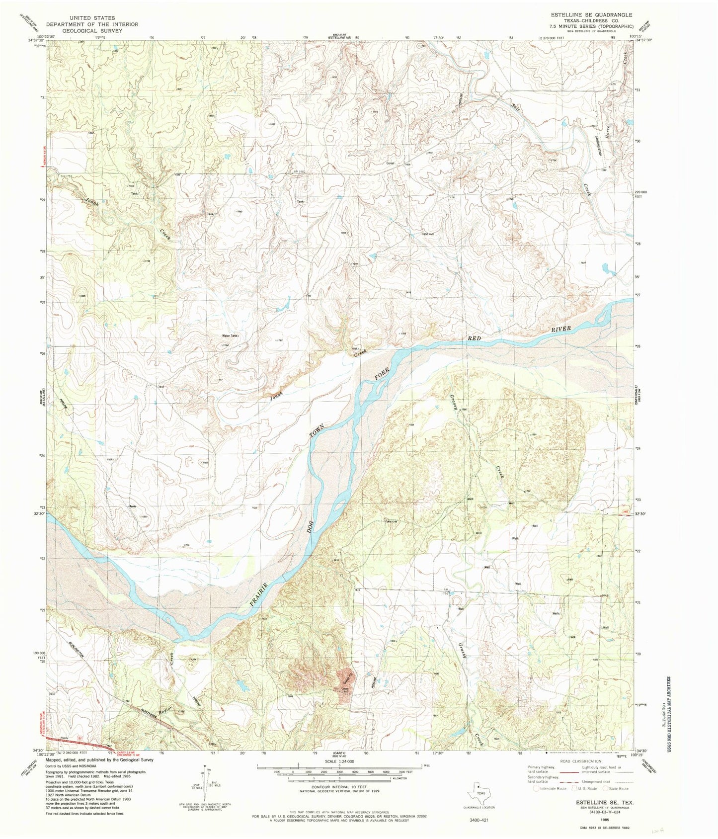 Classic USGS Estelline SE Texas 7.5'x7.5' Topo Map Image