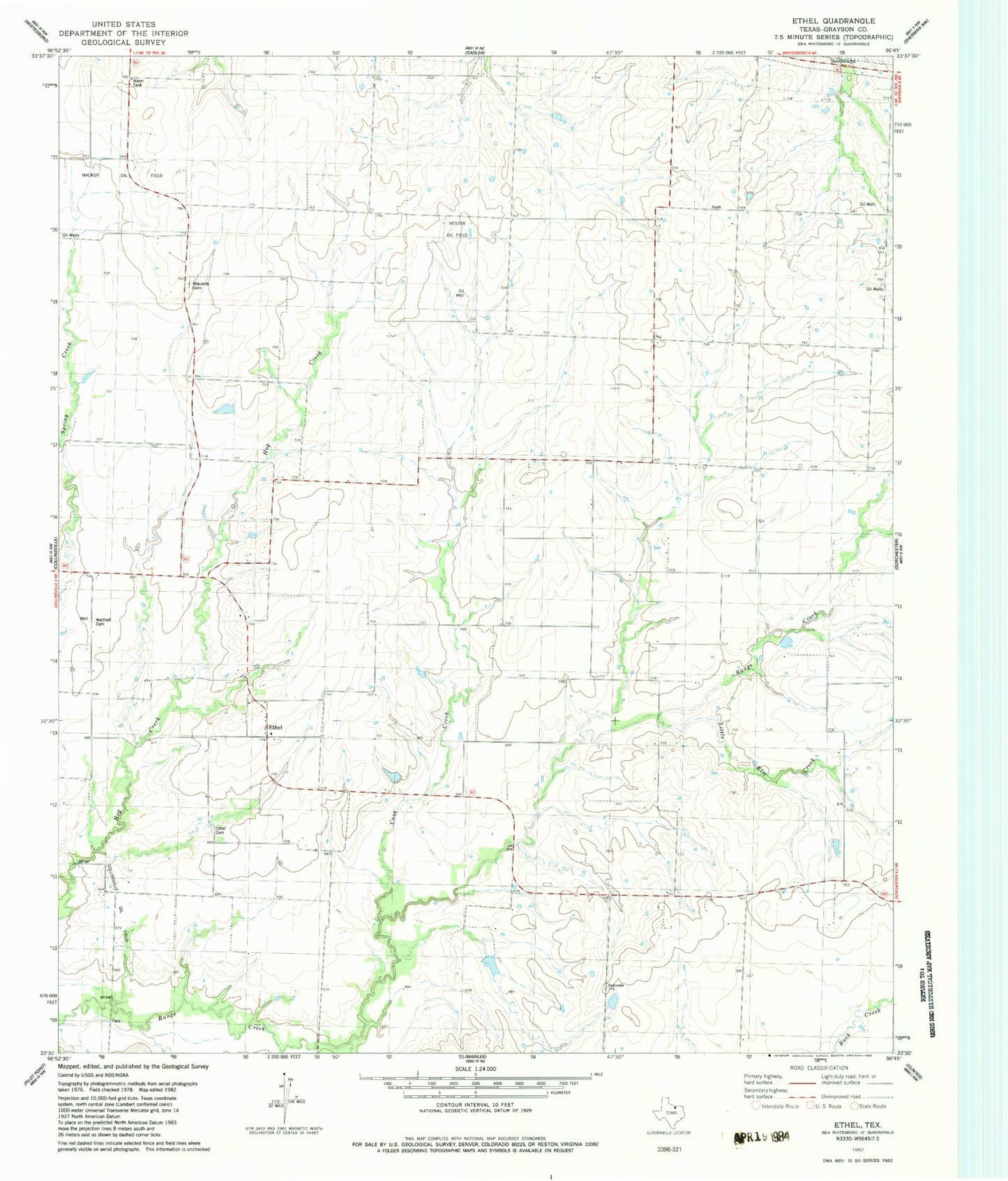Classic USGS Ethel Texas 7.5'x7.5' Topo Map Image