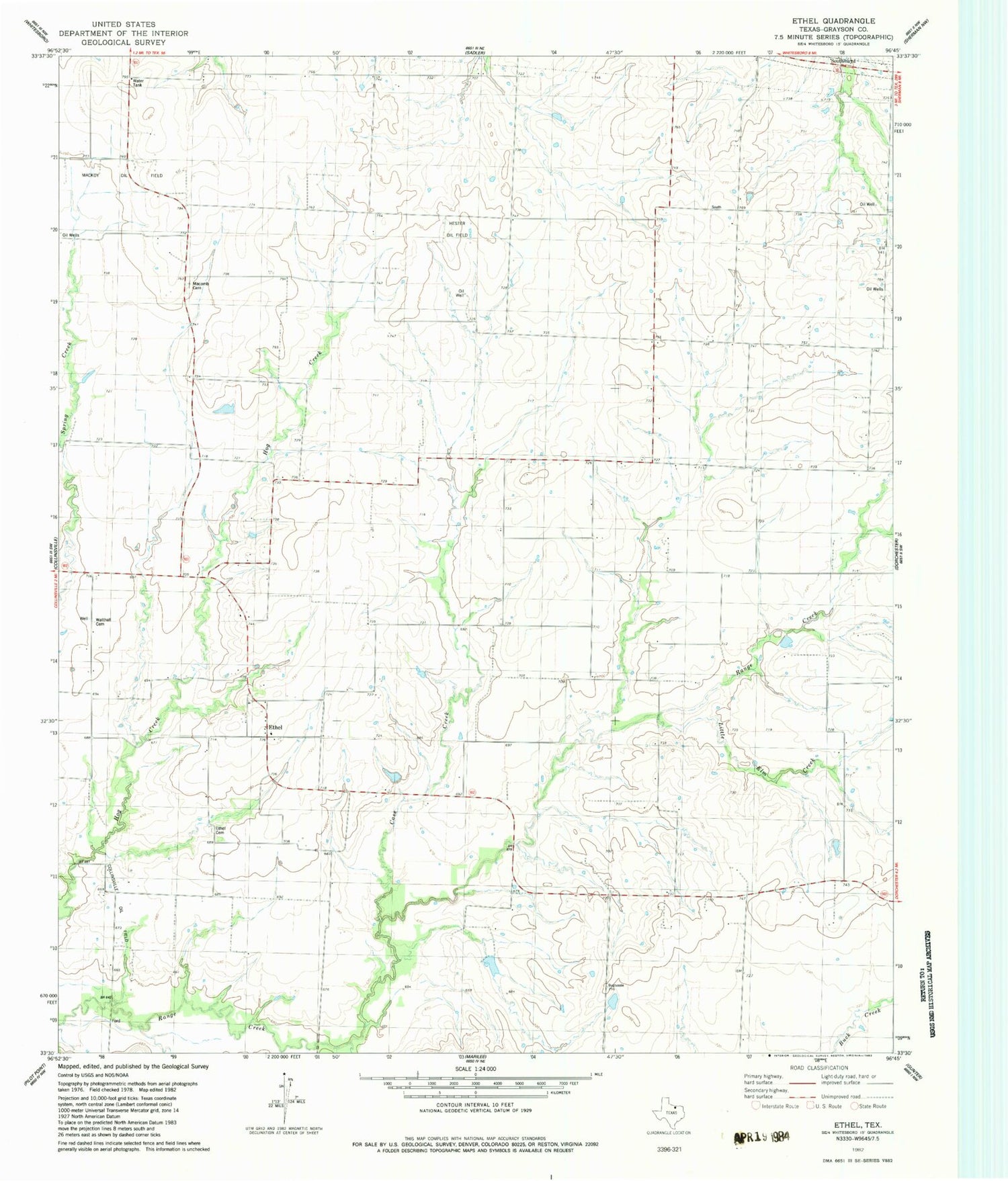 Classic USGS Ethel Texas 7.5'x7.5' Topo Map Image