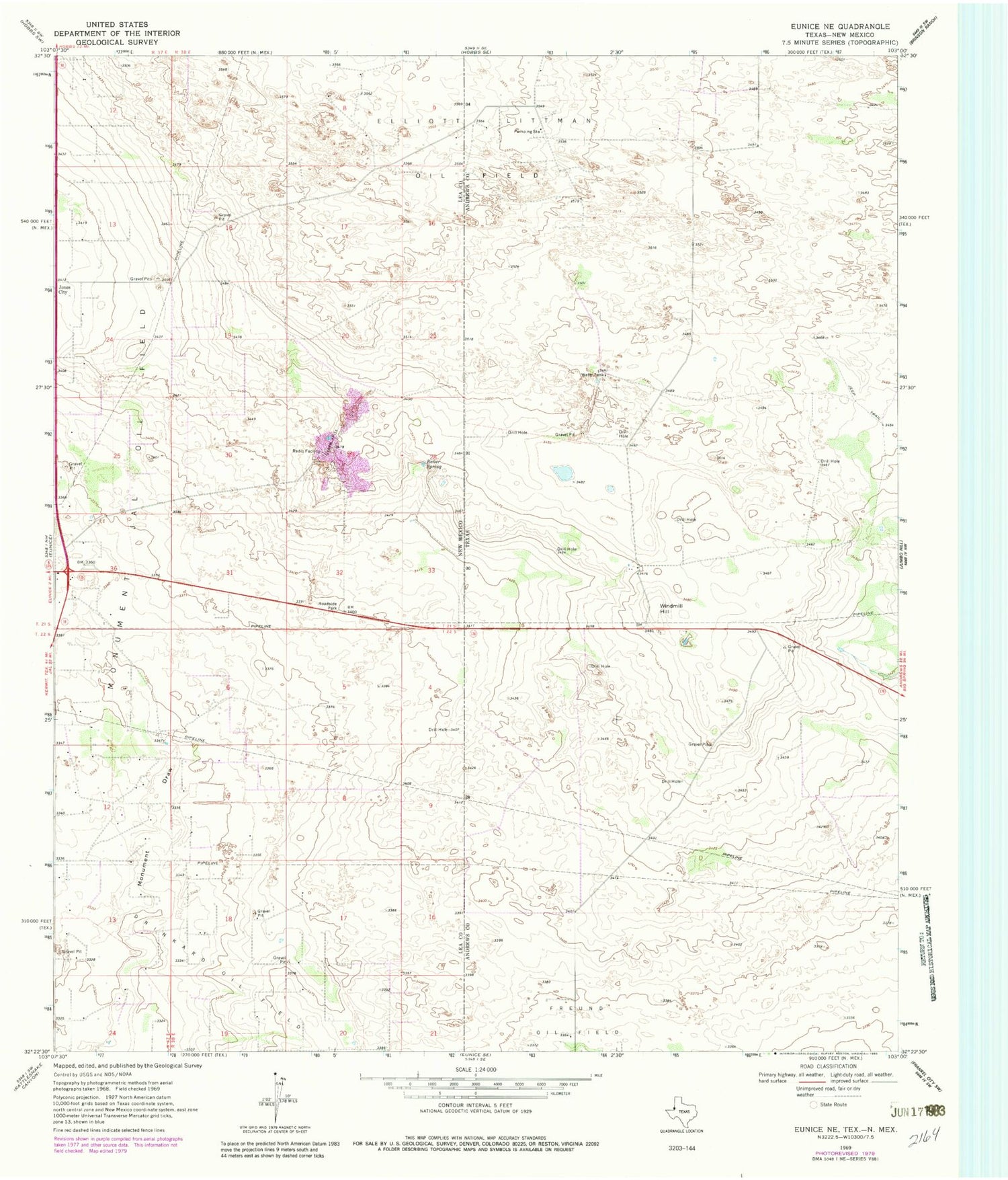 Classic USGS Eunice NE Texas 7.5'x7.5' Topo Map Image