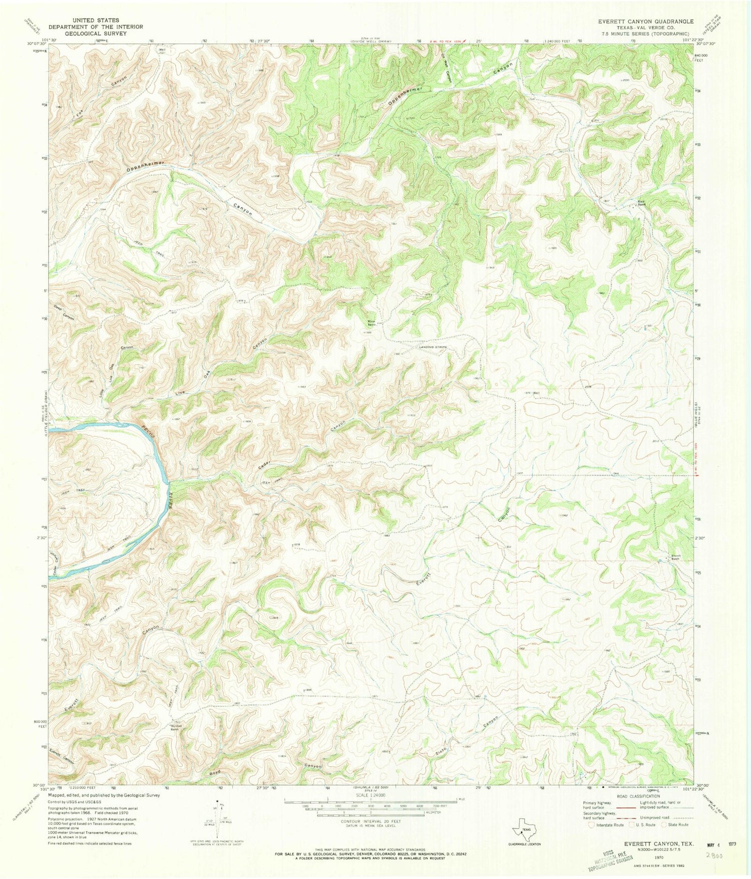 Classic USGS Everett Canyon Texas 7.5'x7.5' Topo Map Image