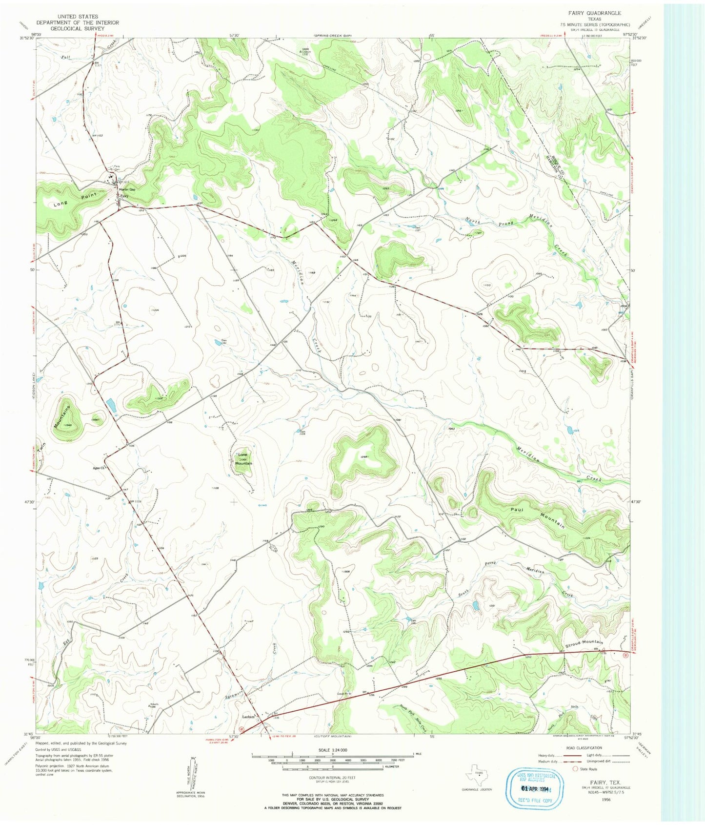 Classic USGS Fairy Texas 7.5'x7.5' Topo Map Image