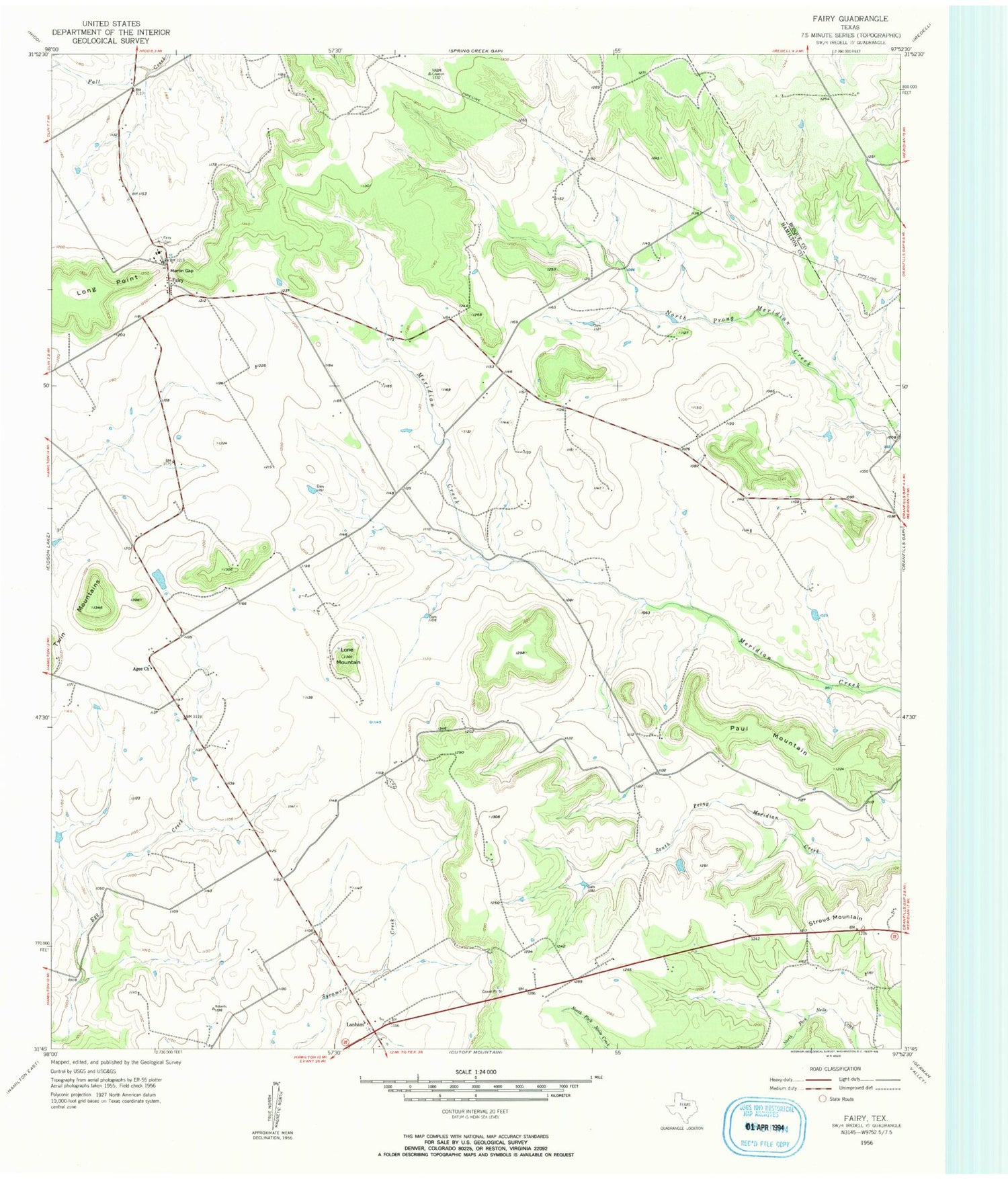 Classic USGS Fairy Texas 7.5'x7.5' Topo Map Image