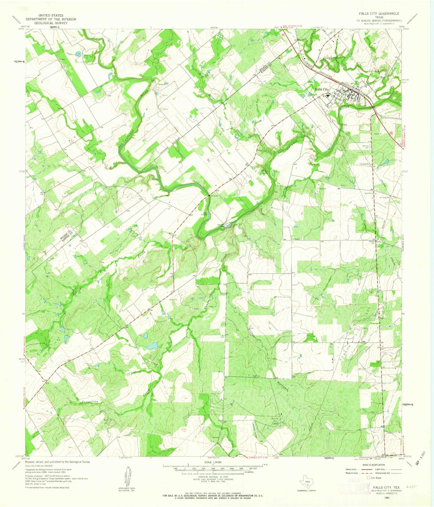 Classic USGS Falls City Texas 7.5'x7.5' Topo Map Image