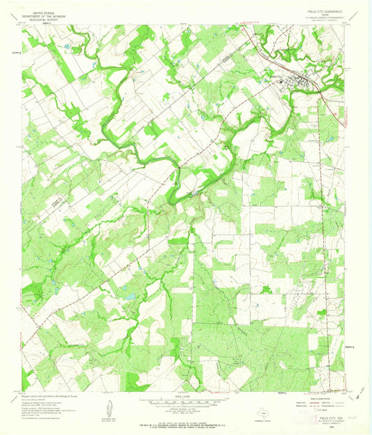 Classic USGS Falls City Texas 7.5'x7.5' Topo Map Image