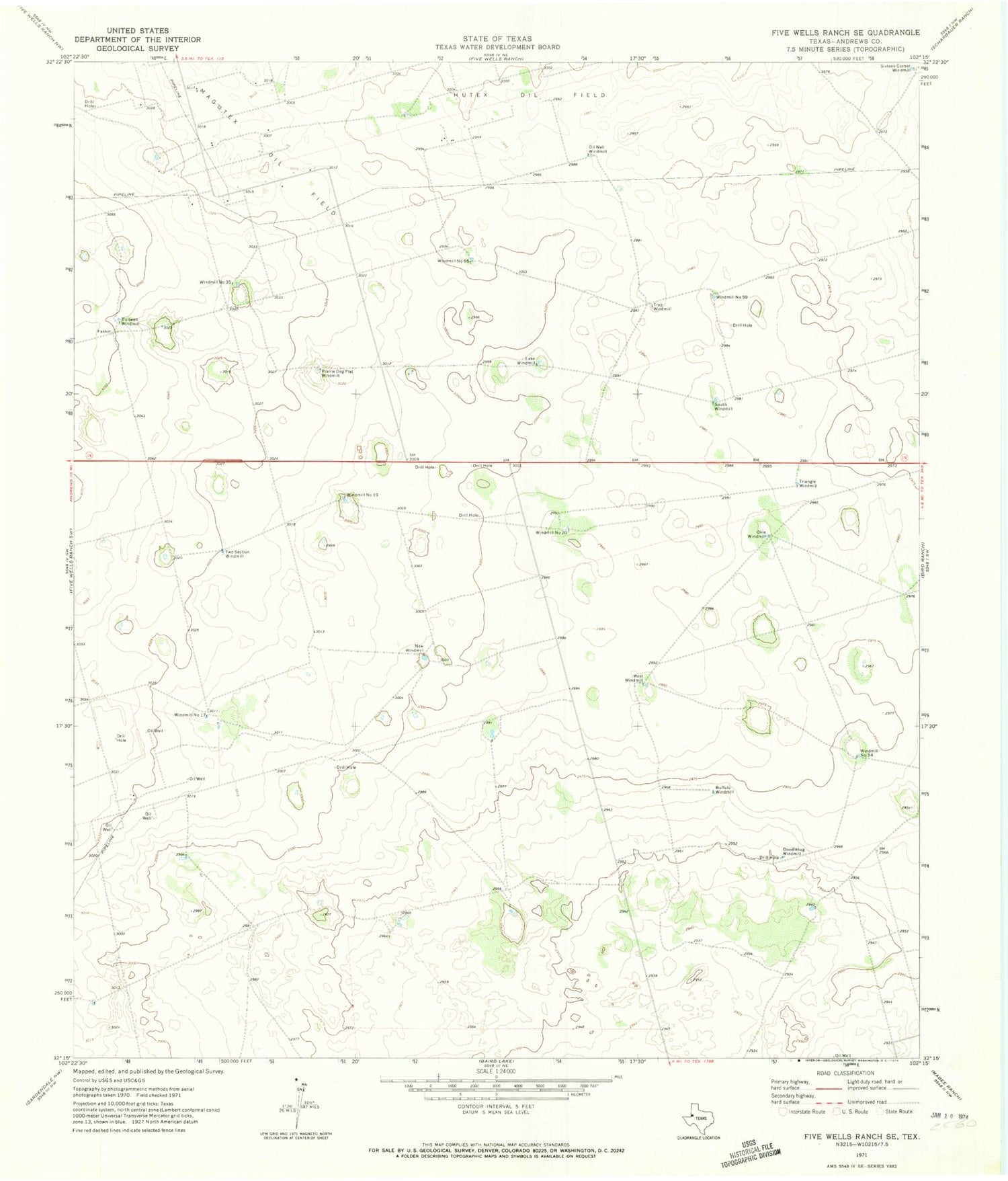 Classic USGS Five Wells Ranch SE Texas 7.5'x7.5' Topo Map Image