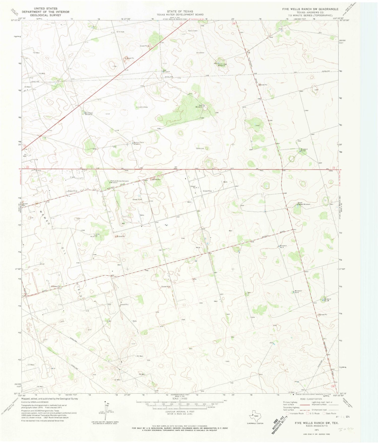 Classic USGS Five Wells Ranch SW Texas 7.5'x7.5' Topo Map Image