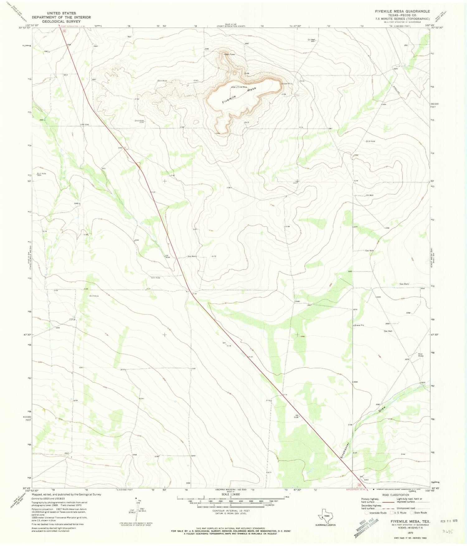 Classic USGS Fivemile Mesa Texas 7.5'x7.5' Topo Map Image