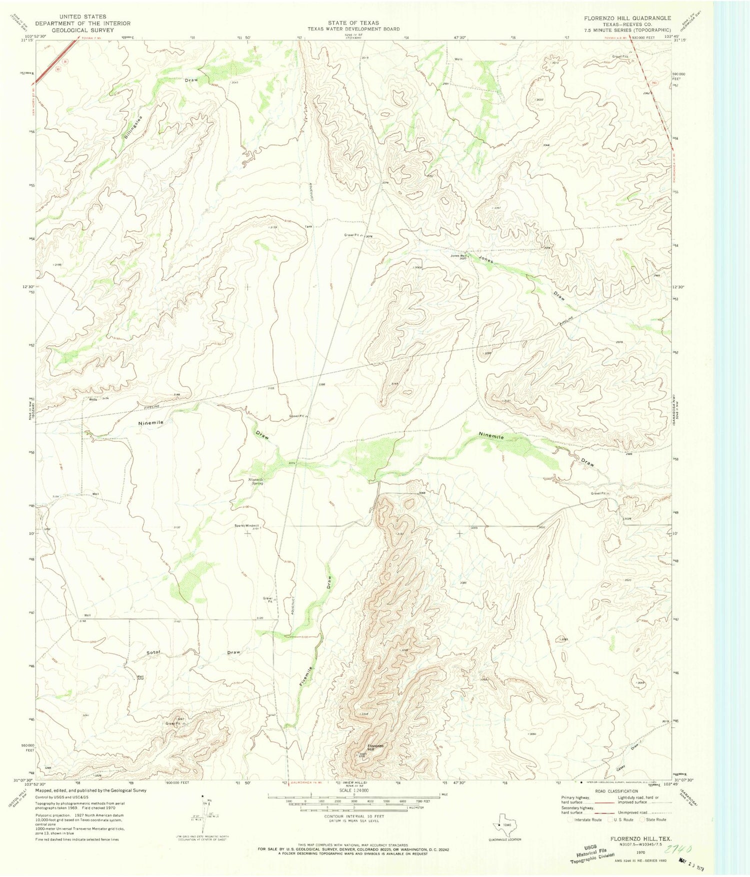 Classic USGS Florenzo Hill Texas 7.5'x7.5' Topo Map Image